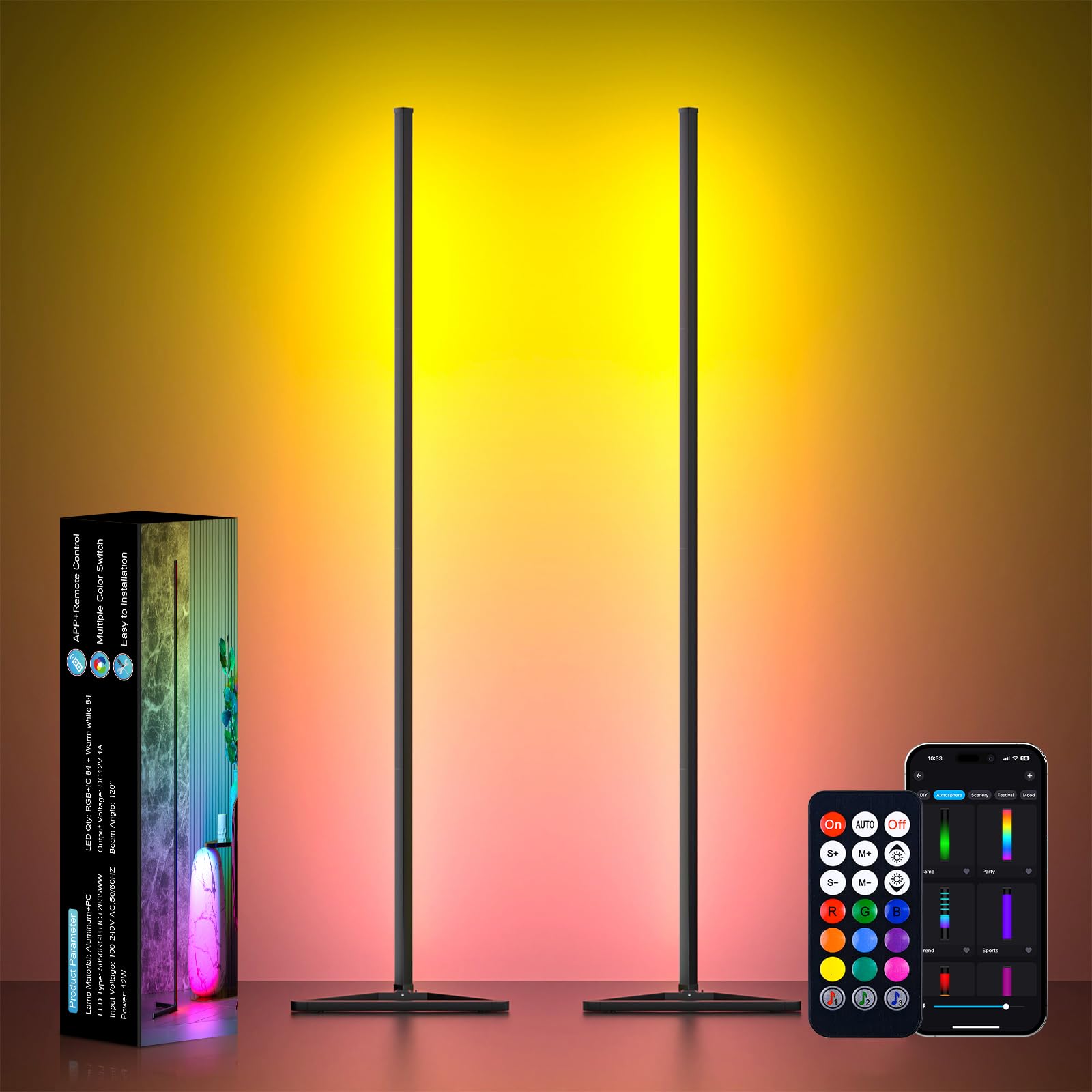 MIWATT 2 pcs LED Stehlampe 140cm RGBIC Standleuchte Dimmbar mit APP, DIY Höhe Abnehmbar, 16 Millionen Farben, 300 Szenenmodi, Musik Sync, Zeitschaltuhr - Stilvolle Ecklampe für Wohnzimmer