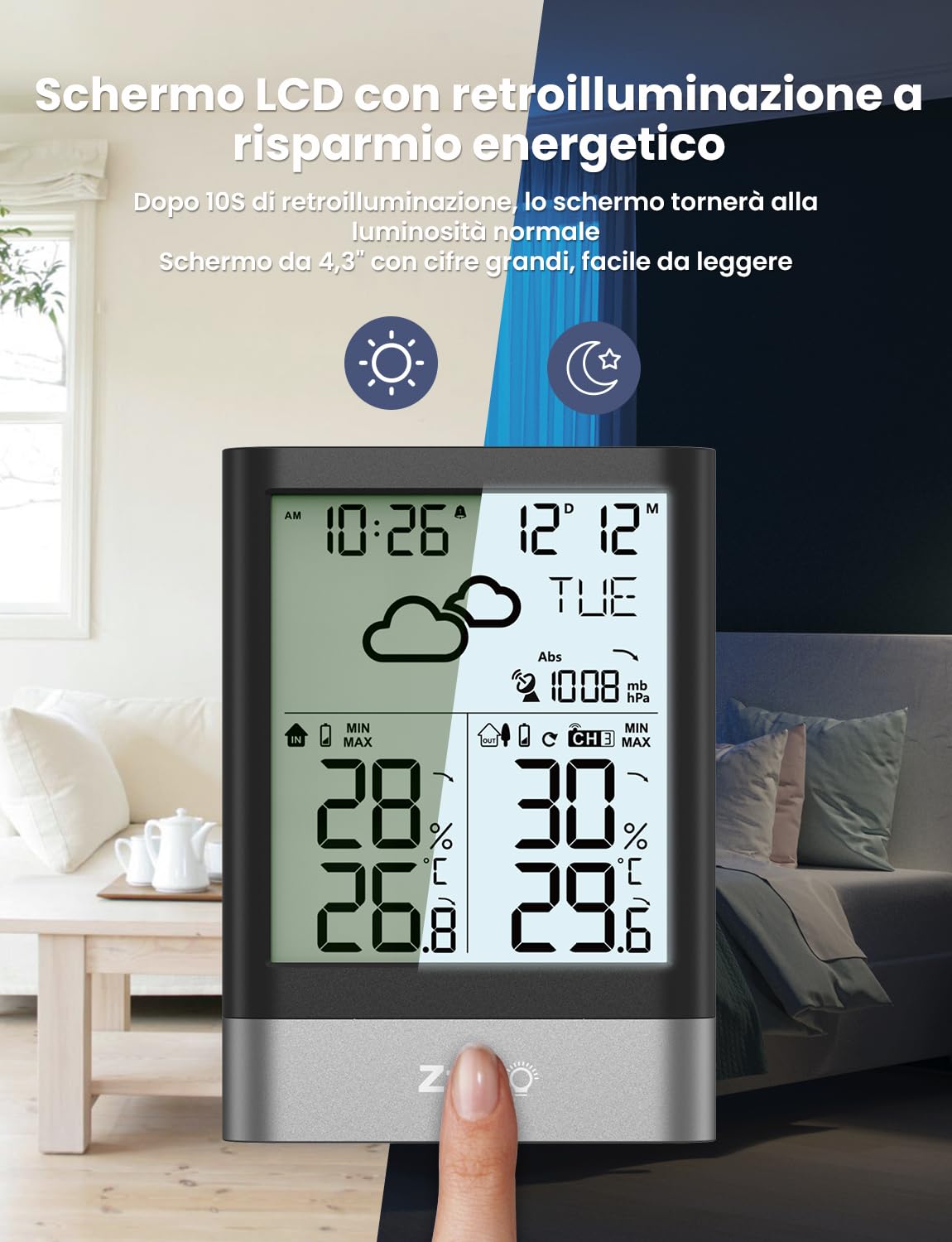 LIORQUE Stazione Meteo Con Sensore Esterno, Stazione Meteorologica Wireless Con RCC, Previsioni Del Tempo, Sveglia, Data, Temperatura,Umidità, Retroilluminazione Regolabile, Nero (Batteria Inclusa)