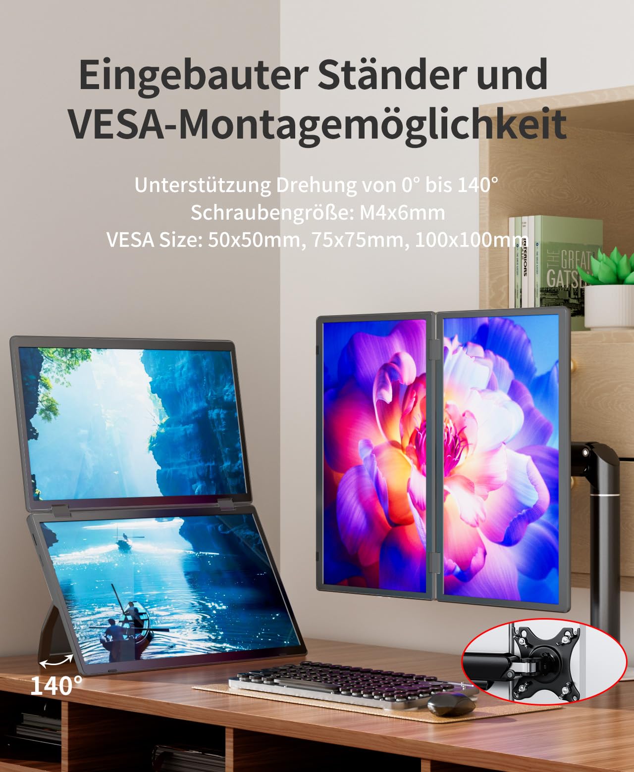 GOWENIC Tragbarer Dreifach-Monitor Für Laptop – 15 Zoll Faltbarer Zusatzbildschirm Mit Ausziehbarer Stütze
