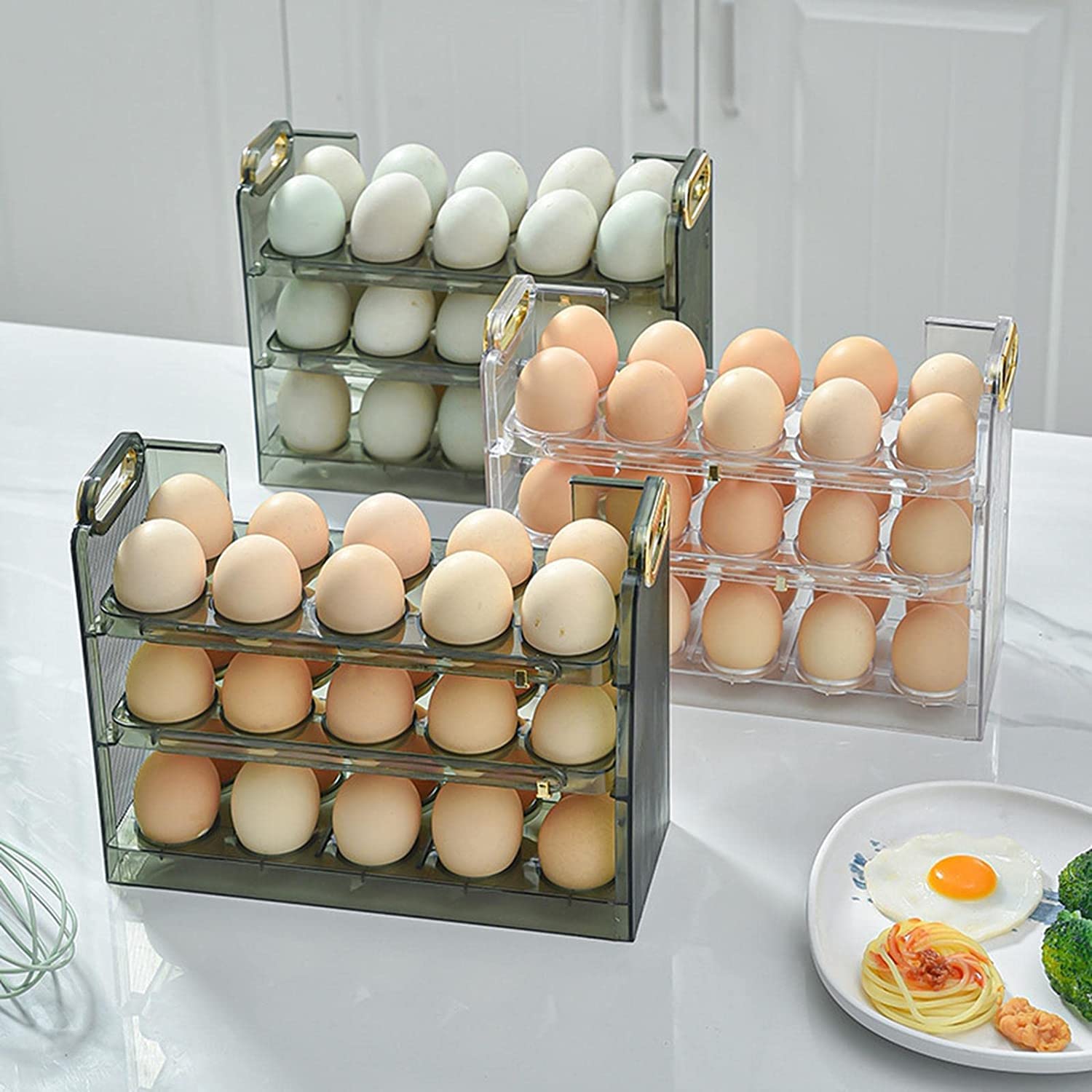 Juflix Eggs Storage Container for Refrigerator, 3layer Flip Fridge Egg