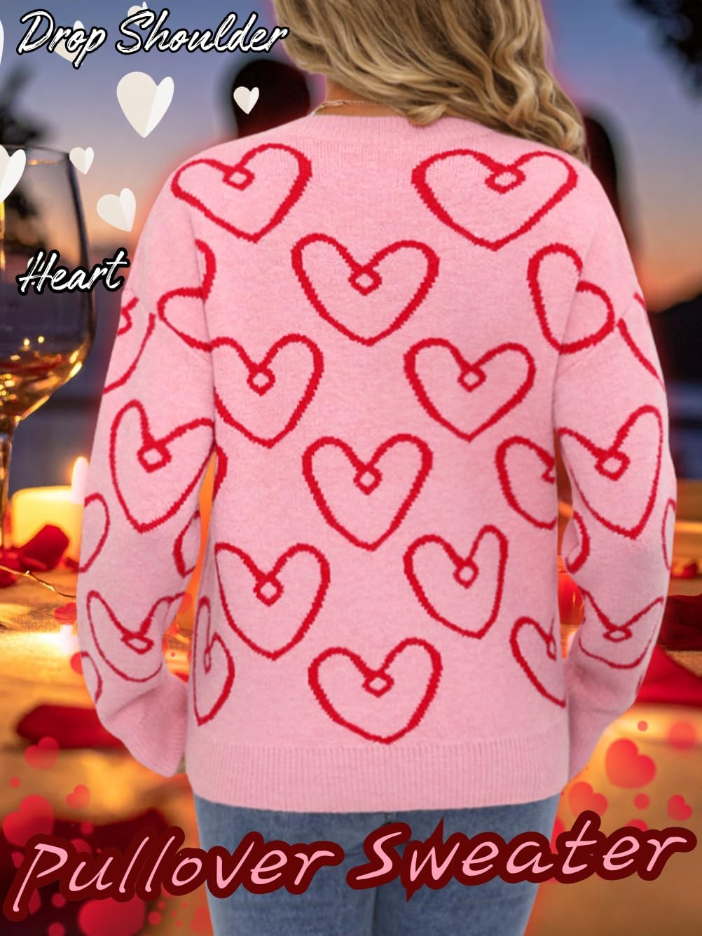 Kaei&Shi Women Cute Pink Heart Graphic Sweater,Crew Neck Valentines Sweatshirt,Regular Fit Top Spring Fall - Image 3