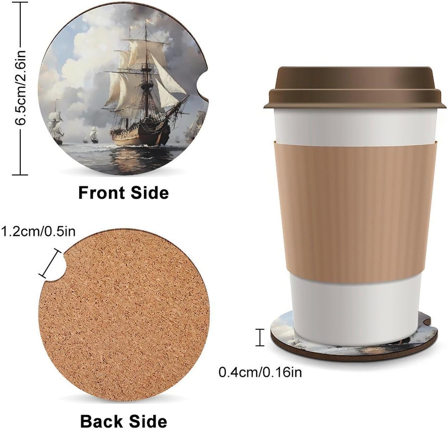 Dutch Ships Sailing Cute Car Coasters 2.56 Inch Absorbent Cup Holder for Drinks Auto Interior Accessories