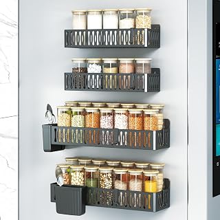 Magnetic Spice Rack for Refrigerator, 4 Pack Magnetic Shelf for Fridge,Movable Spice Rack Organizer for Kitchen,Waterproof and Rustproof ABS Material (BLACK_4 PACK)