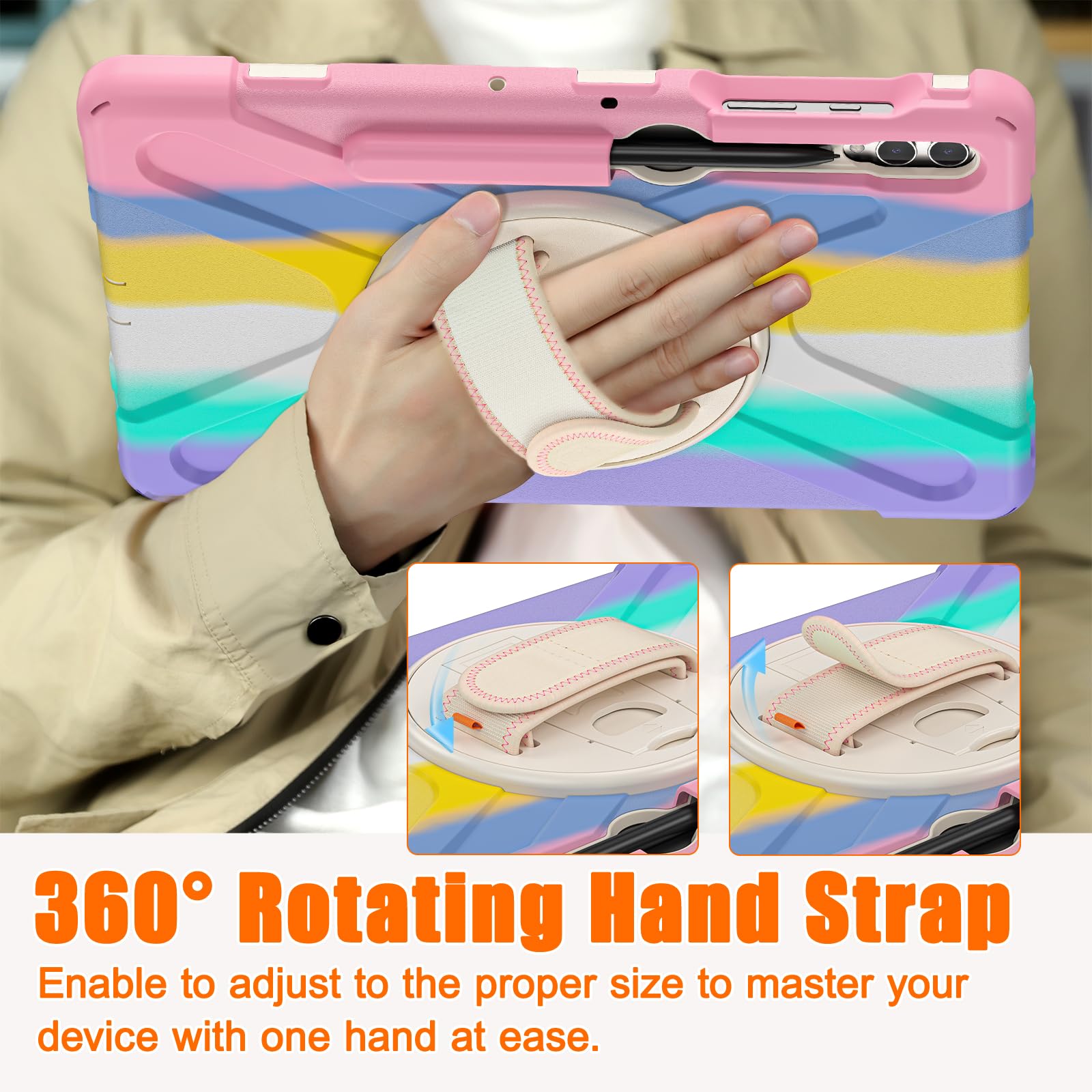 Étui robuste compatible avec Samsung Galaxy Tab S10+ Plus/S9 FE+ Plus 12,4" (SM-X826/X610) - Étui en silicone avec porte-stylo S - Support - Poignée - Bandoulière (Rose C)