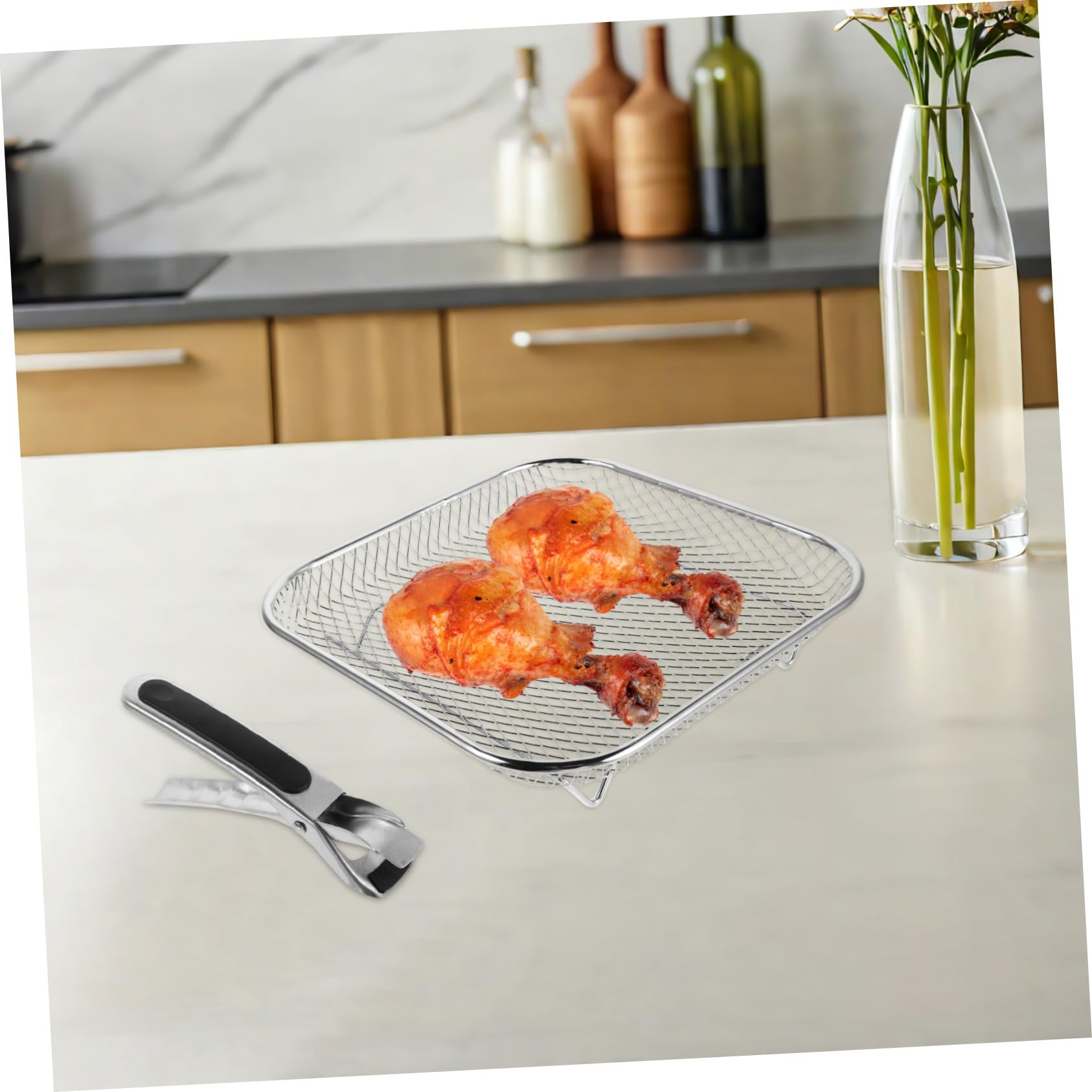 Rack Carré Empilable pour Friteuse à Air Inox Support Polyvalent pour Gril Déshydratation Cuisson Vapeur et Égouttage Huile Accessoires Inclus avec Pince et Brosse