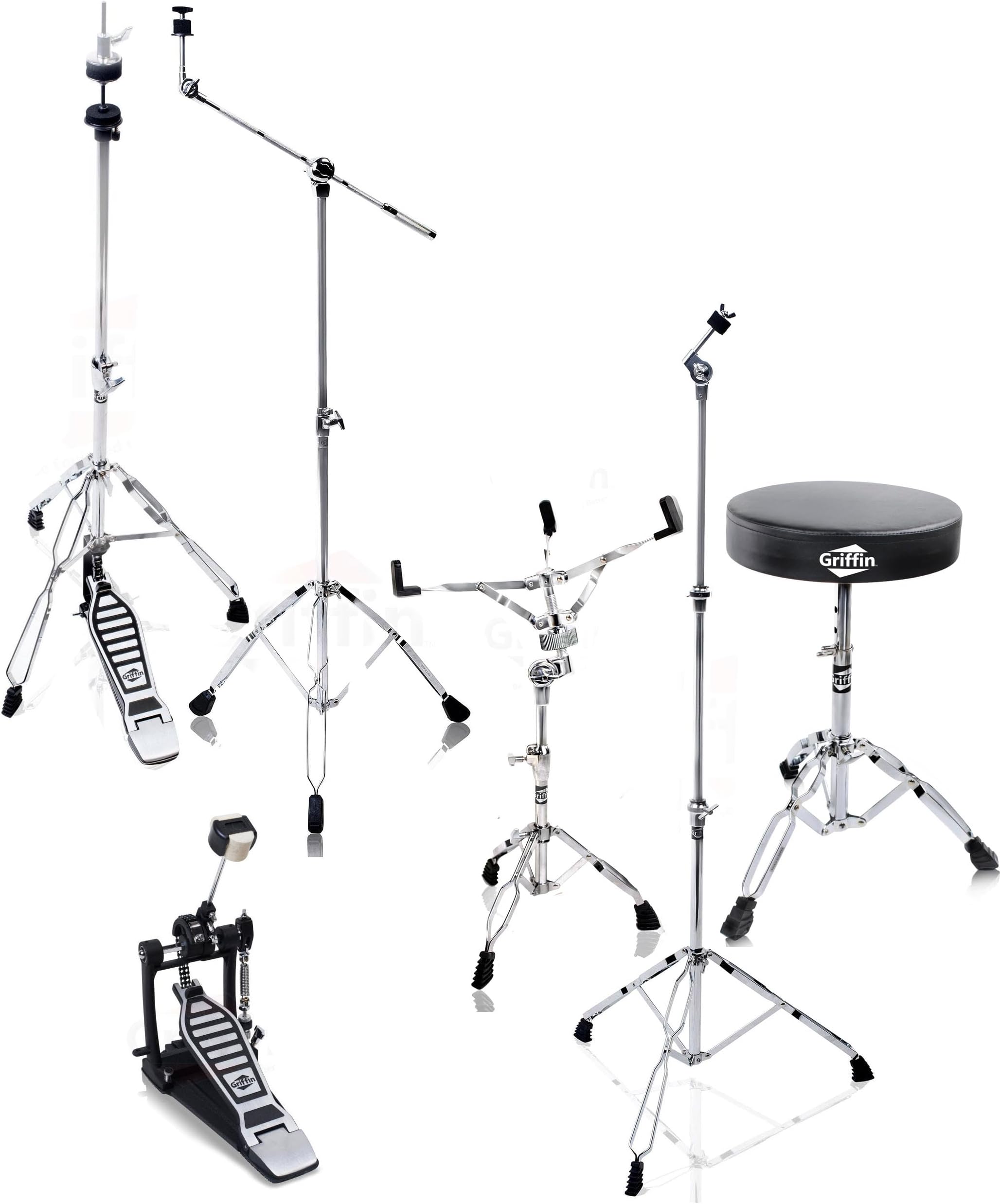 6 Piece Drum Hardware Pack (Percussion TiltPro X Edition) – Full Stand Kit with Snare, Hi-Hat, Cymbal Boom, Kick Pedal & Throne for Gigs or Studio