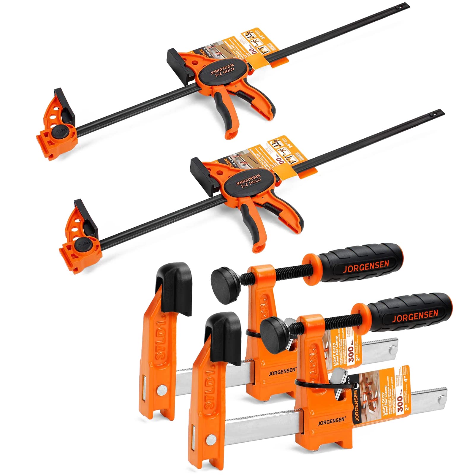 Jorgensen 2-pack 24" One Hand Clamp/Spreader & Jorgensen 4-inch 2-Pack Steel Bar Clamp Set