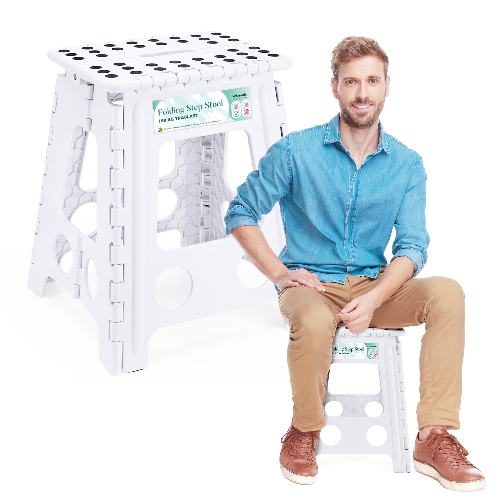 Taburete Plegable de 40 cm, Blanco, Actualización 2025 Con Capacidad 150 kg, Bloqueo de Seguridad y Mango Giratorio