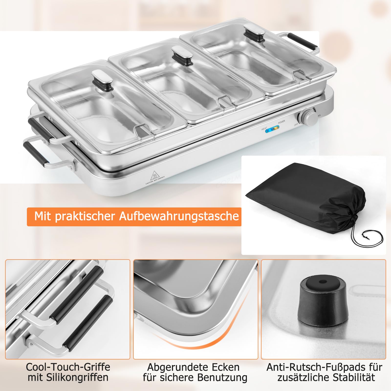 SOARS Warmhaltebehälter elektrisch 450 W, 9L Edelstahl Chafing Dish, 50-150 °C, Buffetwärmer