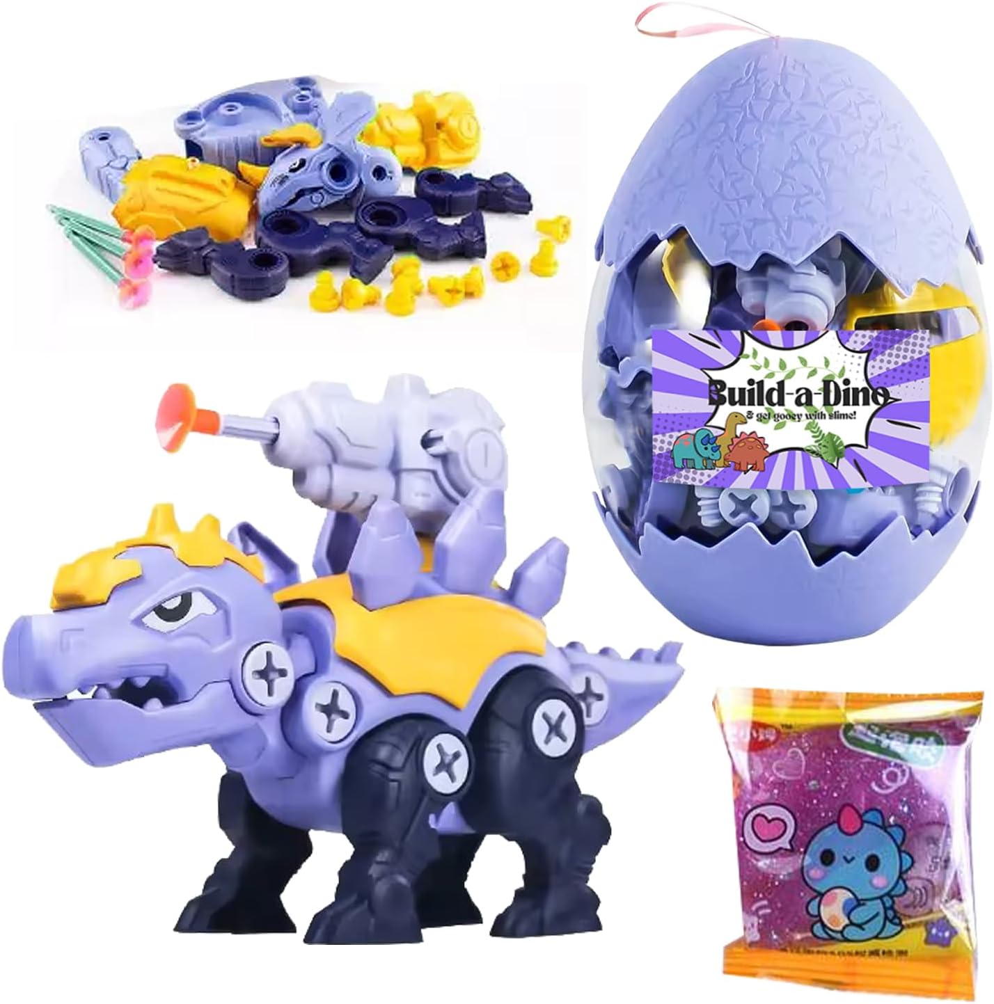 Snap Bazaar 3-in-1 Build-Shoot-Slime Build a Dinosaur toy|Dinosaur egg toy|Engineering learning & education toy for kids (Purple Stegosaurus)