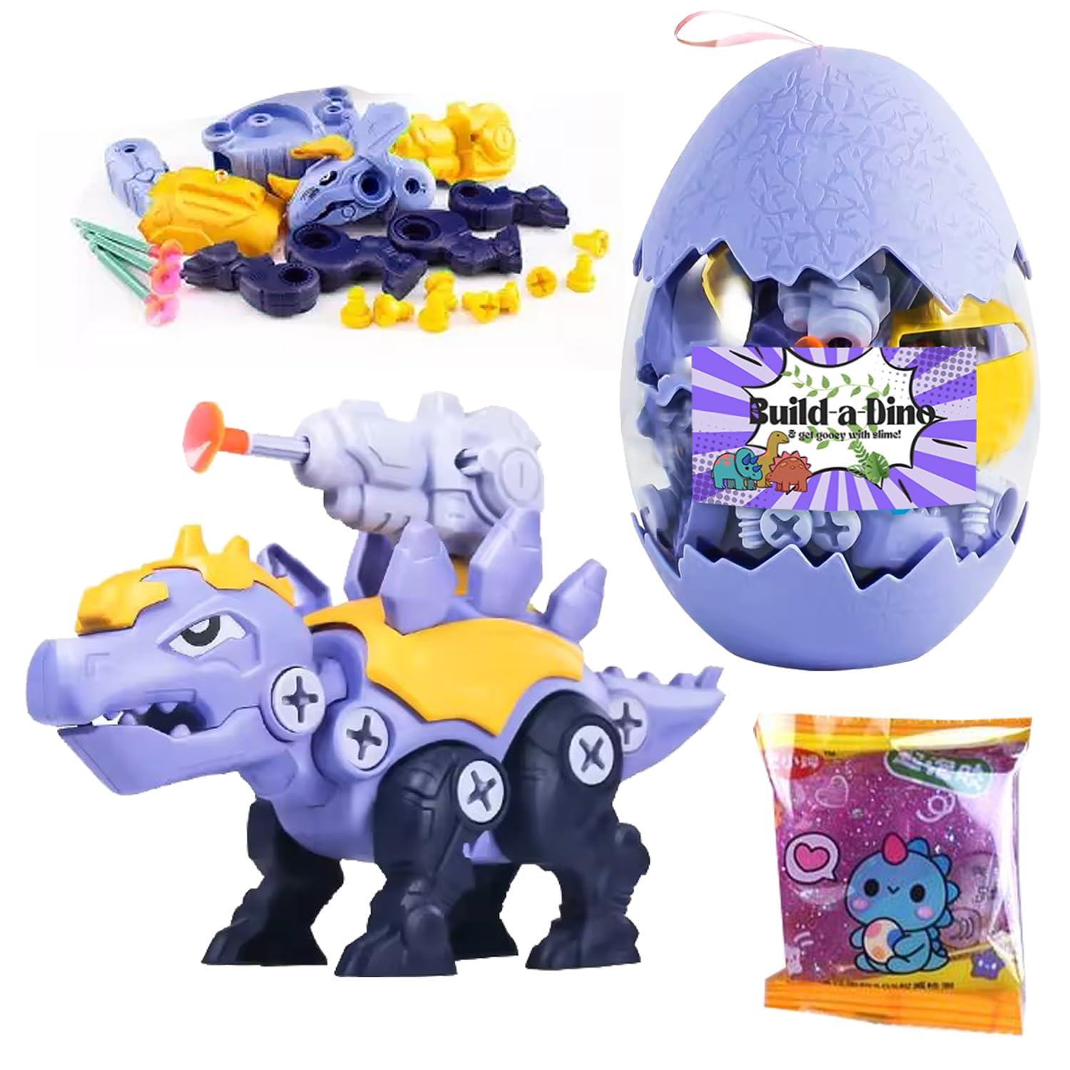 Snap Bazaar 3-in-1 Build-Shoot-Slime Build a Dinosaur toy|Dinosaur egg toy|Engineering learning & education toy for kids (Purple Stegosaurus)