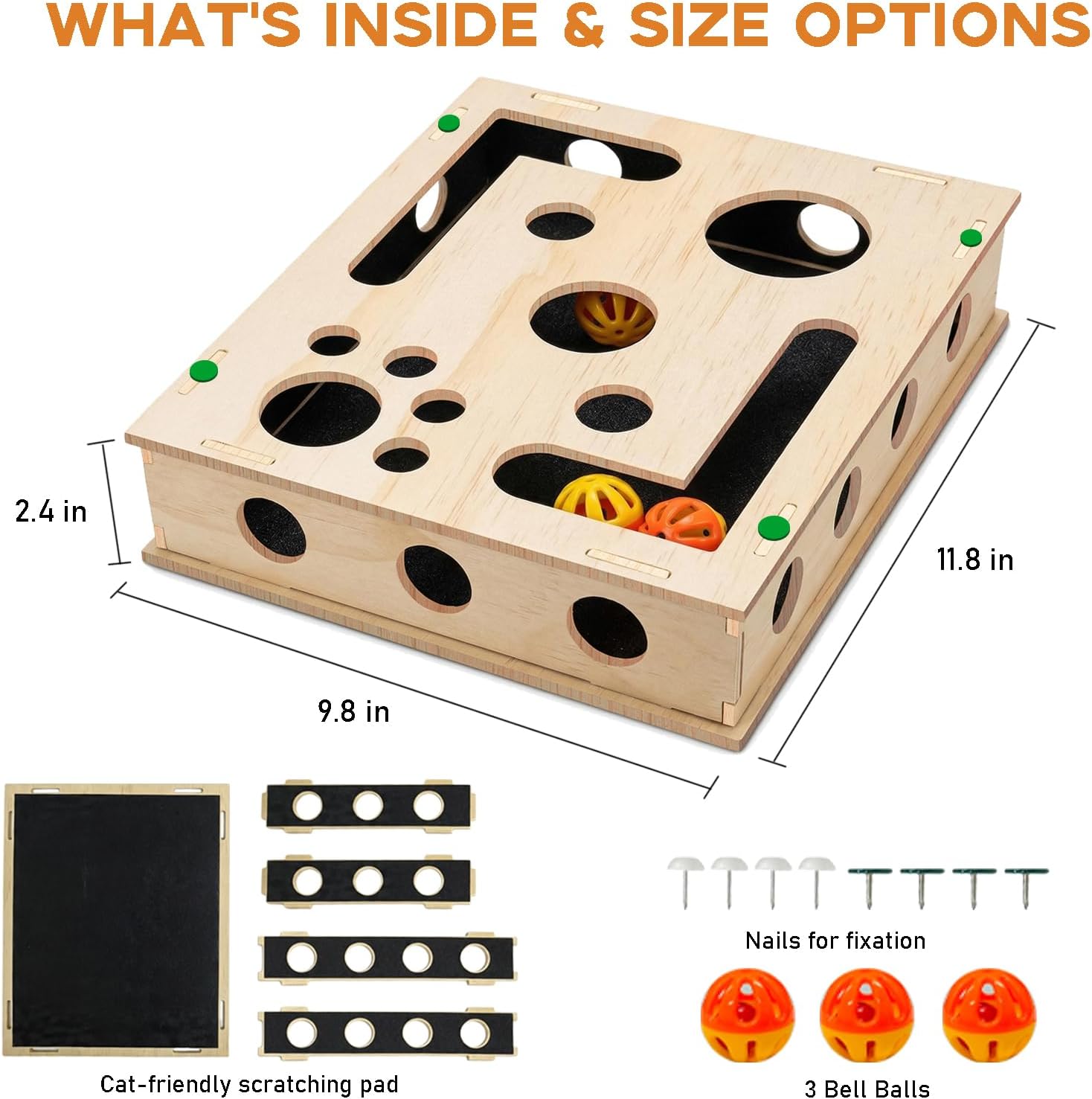 Cat Scratch Puzzle Enrichment Box with Bell Ball, Large Cat Nail File Enrichment Box with Sandpaper Liner, Stress-Free Alternative to Trimming Nails, for Indoor Cats