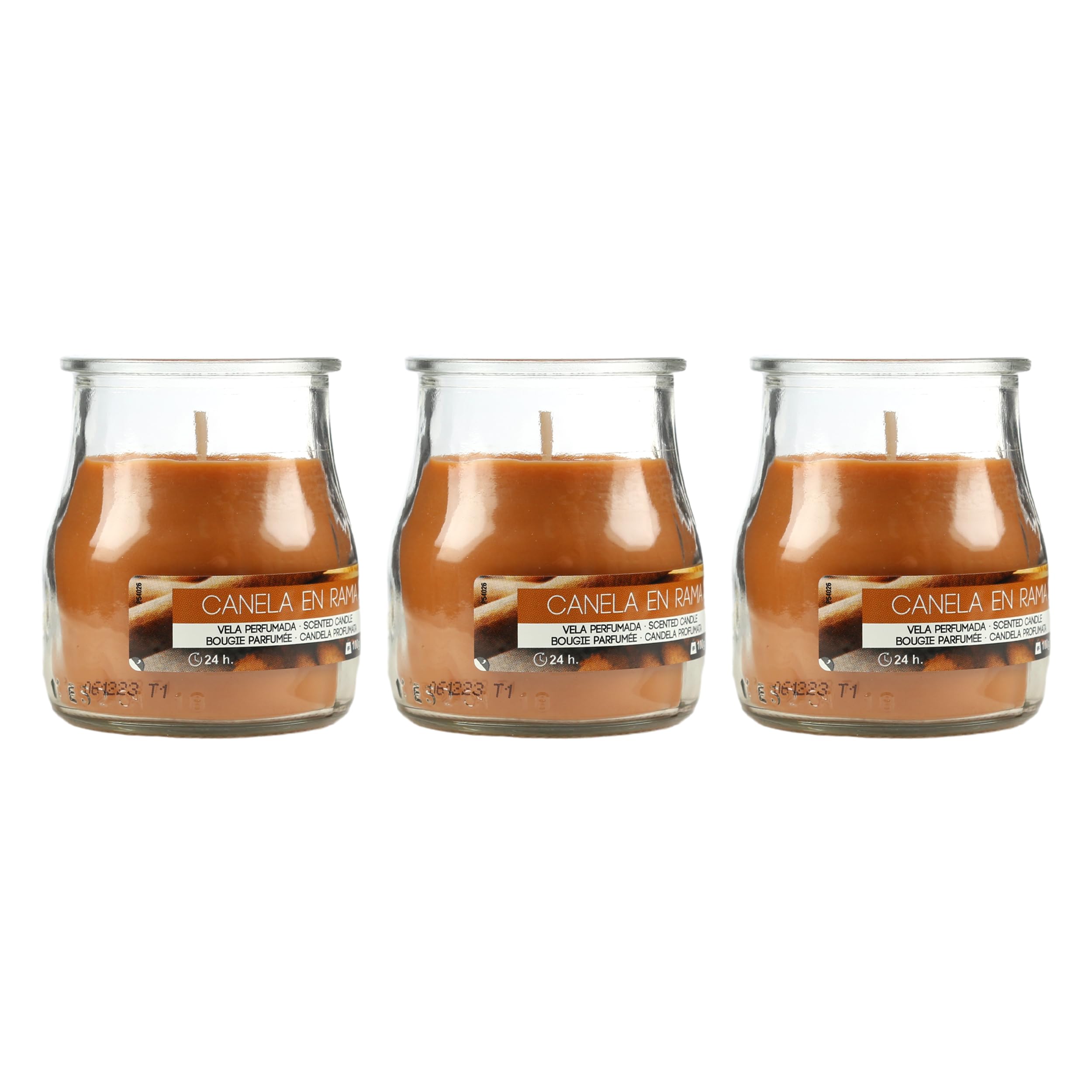 Pack de 3 Velas Aromáticas en Vaso de Yogurt de Cristal Reciclable - 24h de Duración，Cera Vegetal Perfumada, Fabricadas en España, 7x6cm (Canela en Rama)