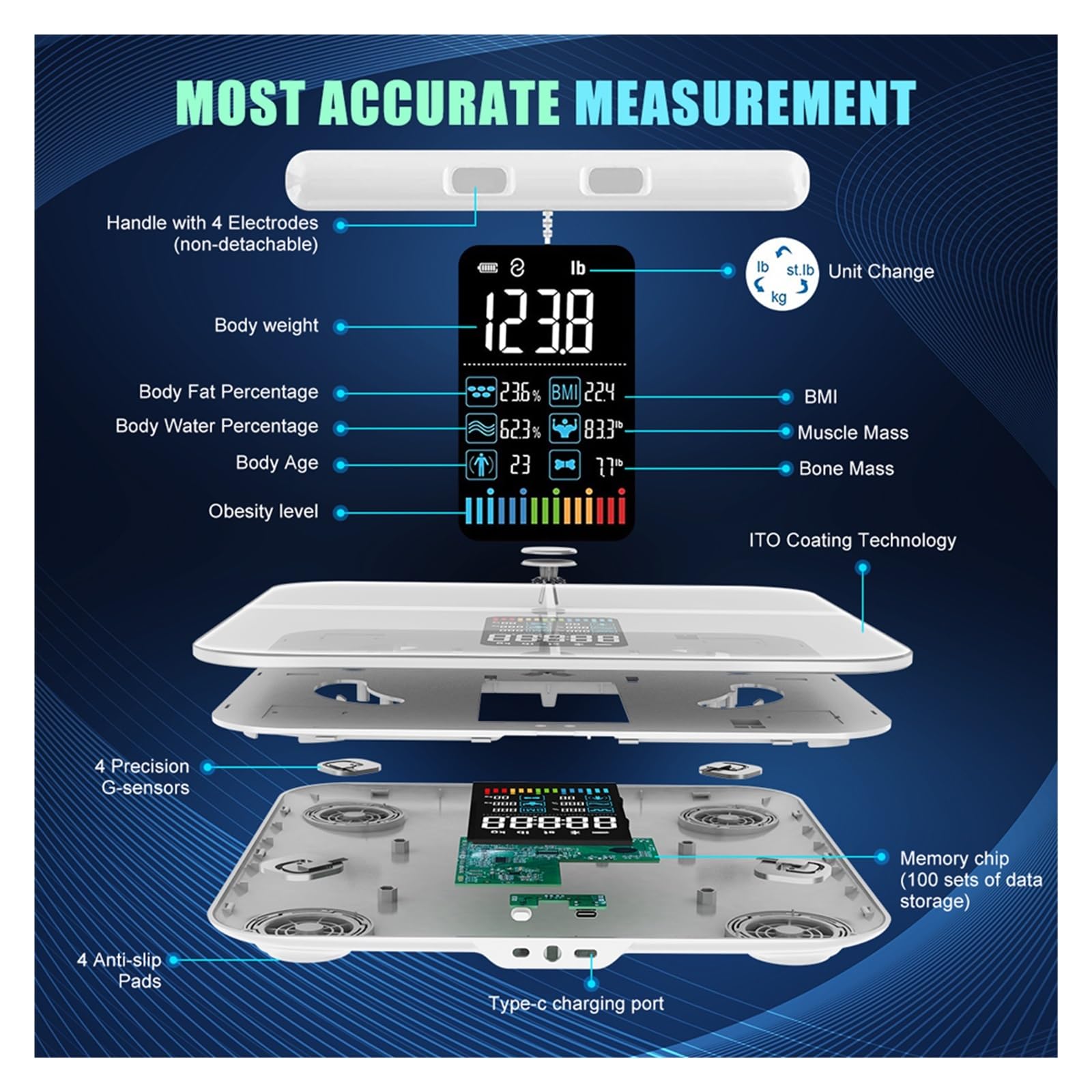 Bilance Intelligenti Con Bilancia A 8 Elettrodi Digitale A Schermo BMI Da Bagno For Grasso Corporeo Bluetooth Preciso E Facile Da Leggere