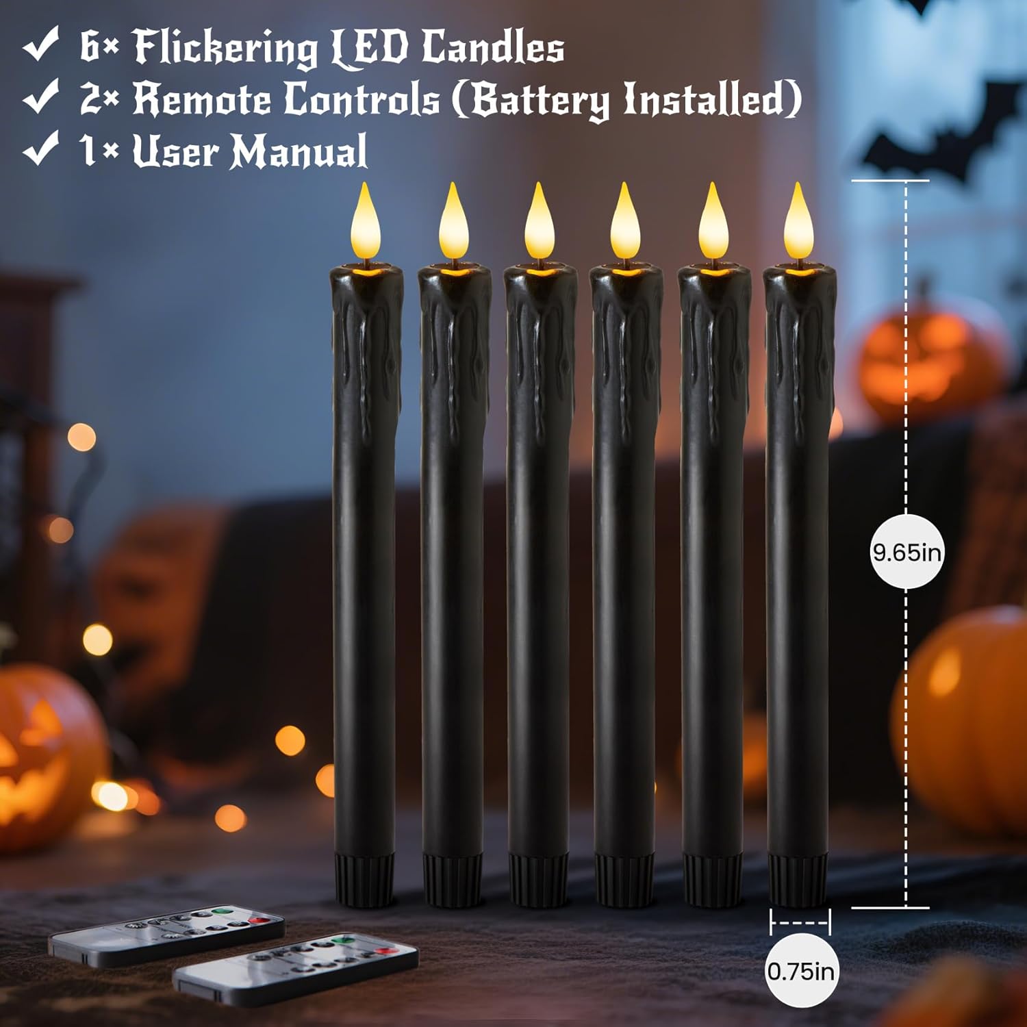 Black Flameless Taper Candles with Remote and Timer - 9.65 Inch Real Wax LED Candlesticks - Wax Drip Battery Operated Halloween Taper Candles with 3D Flickering Flame Halloween Decor, 6 Pack