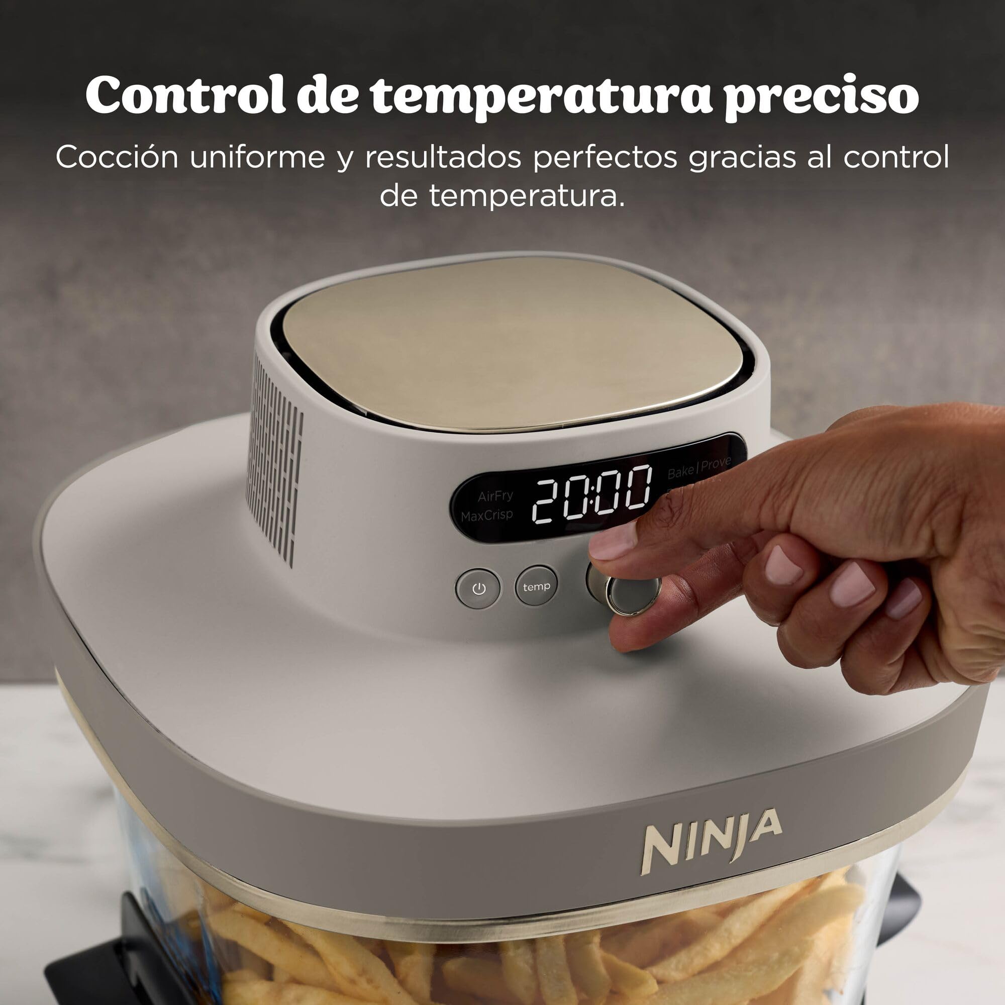 Ninja CRISPi PRO XL Freidora de aire, 5 funciones de cocción predefinidas, recipientes de cocción de cristal CleanCrisp de 5,7 y 2,3 l y tapas para almacenamiento, Dorado piedra AS090EUSD