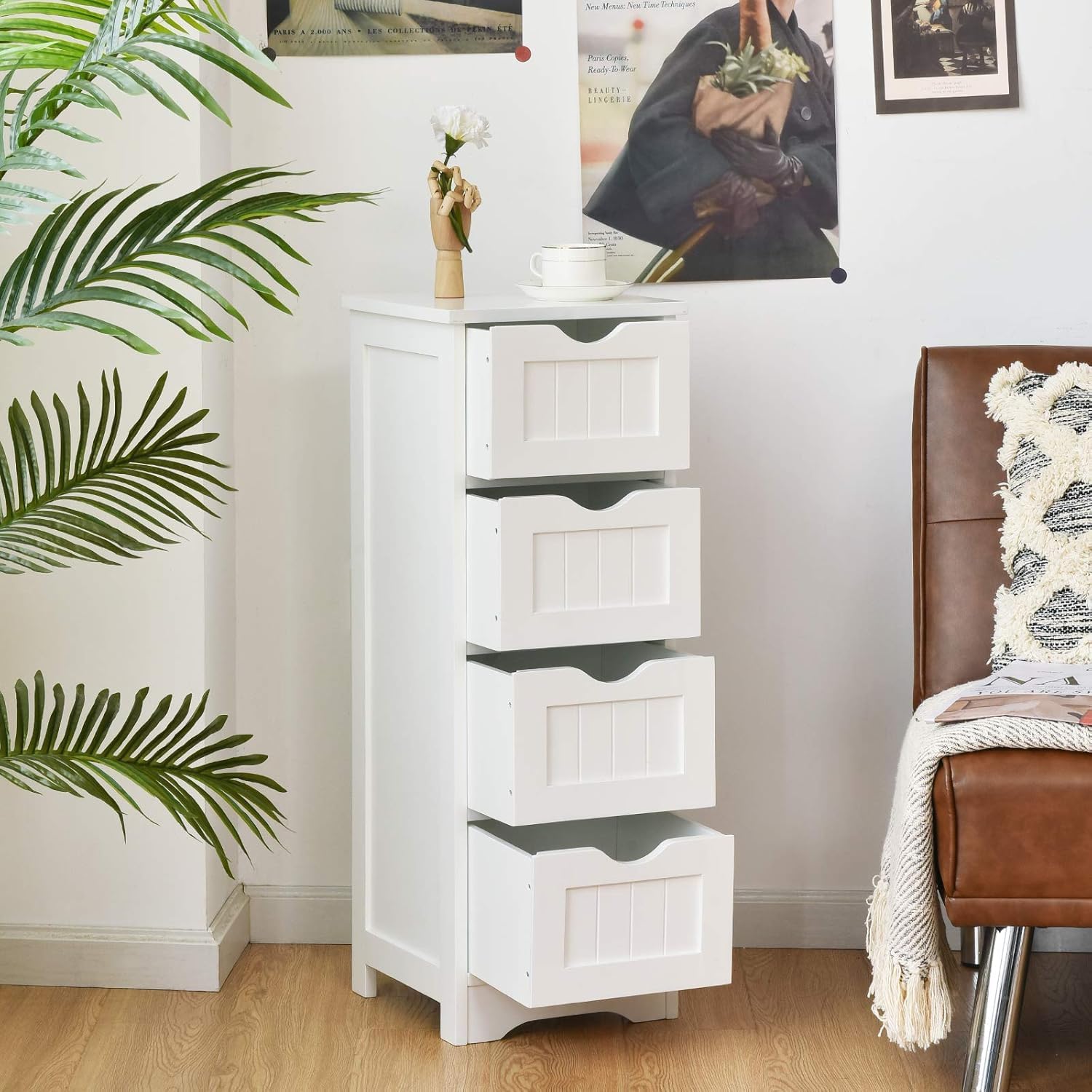 BAKAJI Cassettiera Armadietto Armadio da Appoggio 4 Cassetti Rimovibili in Legno MDF Bianco Linea Shabby Salvaspazio da Bagno Camera Stanza