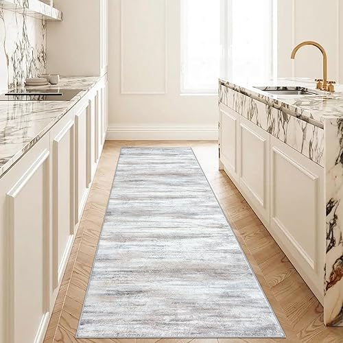 Miniatura 12 de KOZYFLY Alfombra moderna abstracta lavable de 2.6 x 10 pies, antideslizante, suave, alfombra de camino de cocina, alfombra a rayas azules óxido para