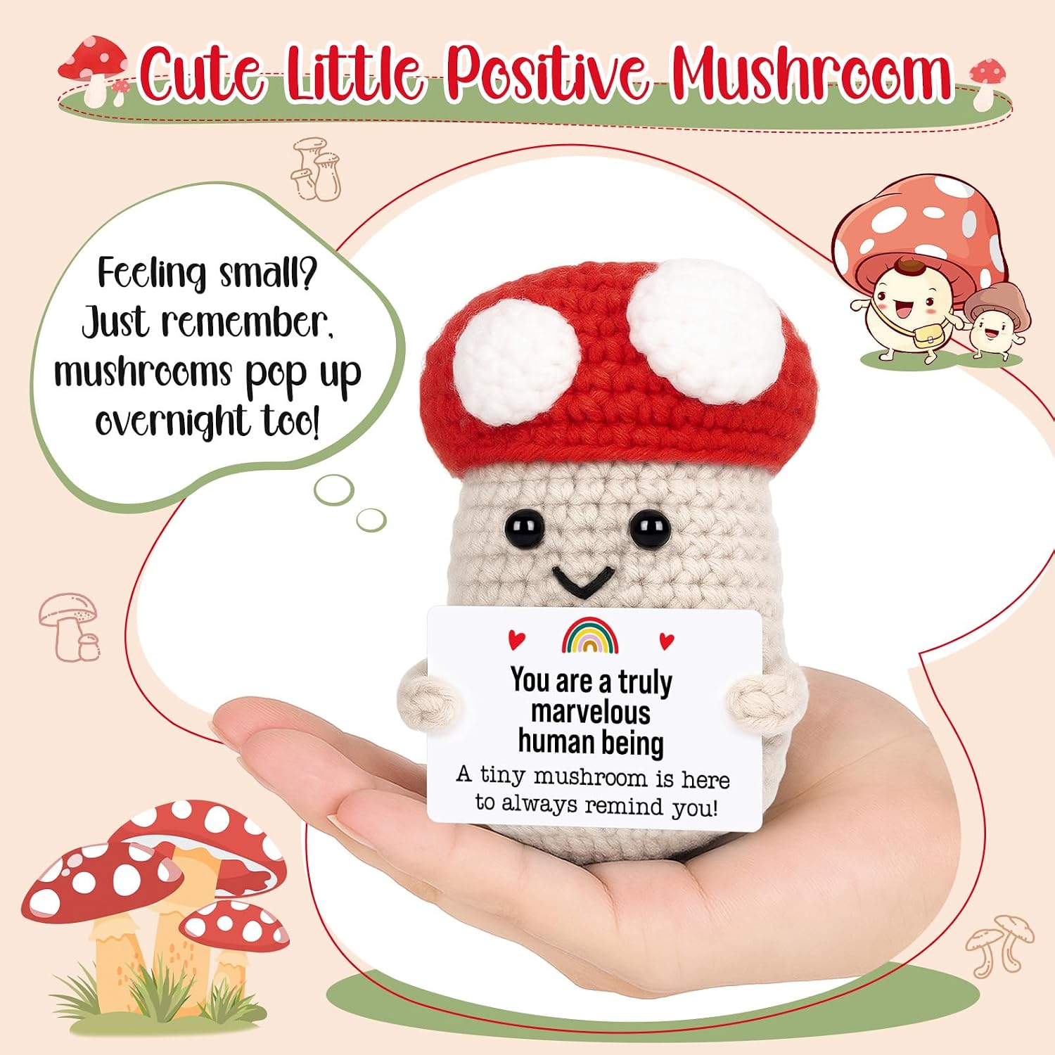 Agantree art Positive Mushroom Decor Gift for Women Men, Inspirational Birthday Gift Cheer Up Thinking of You Uplifting Affirmation Mushrooms Stuff Plush Desk Crochet Mushroom Christmas