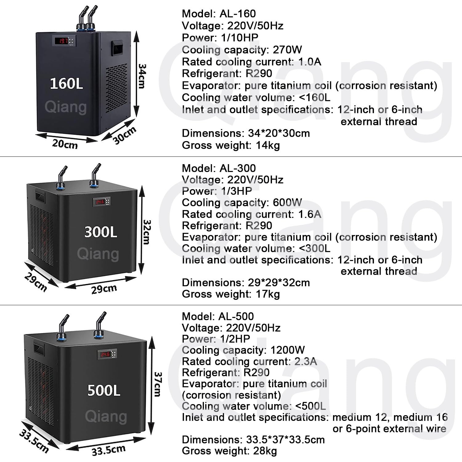 Qiang 160L/300L/500L Refroidisseur d'eau D'aquarium,Thermostat D'aquarium,Fish Tank Chiller Refroidisseur De Réservoir Poisson,pour Culture Hydroponique d'eau Salée/d'eau Douce,160L/42GAL