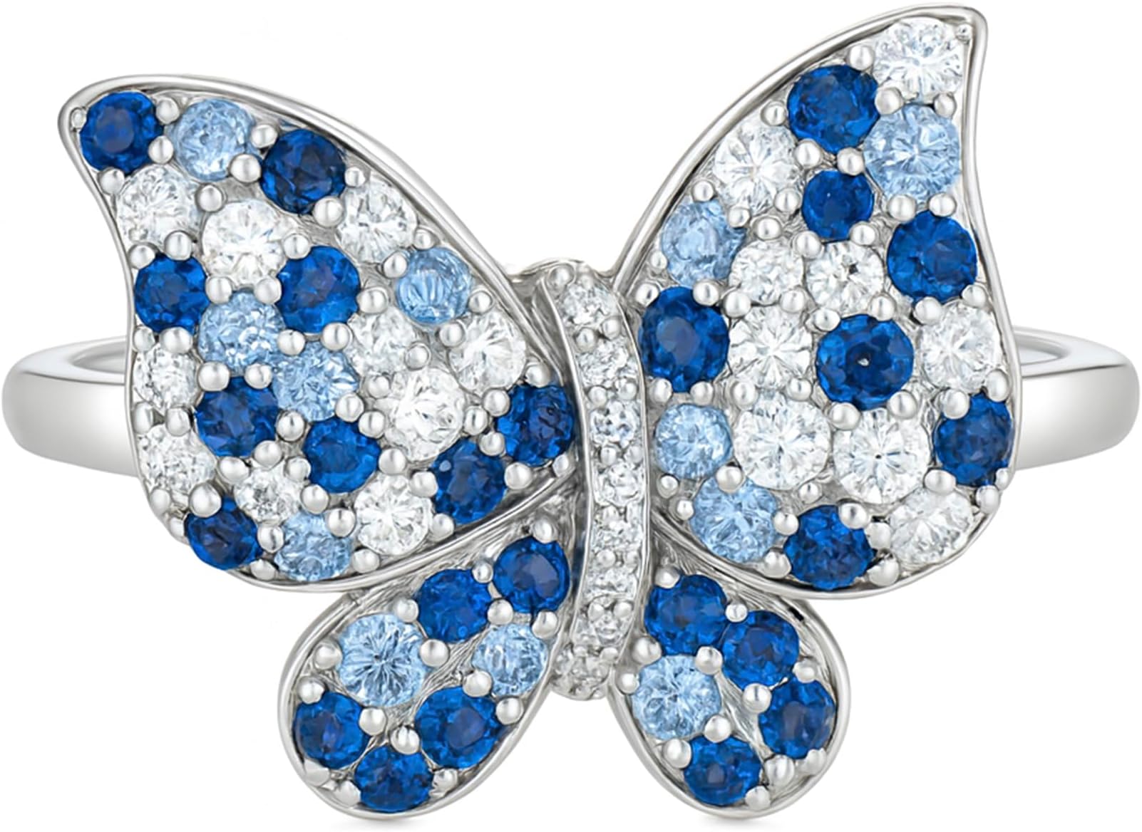 Sterling Silver Butterfly Ring for Women – Lab Created Blue & White Sapphire Gemstone Band – Nature Inspired September Birthstone Jewelry – Dainty Everyday Ring – Elegant Anniversary