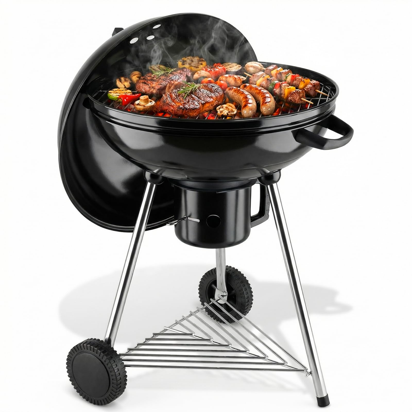 TLSUNNY Kugelgrill Ø 57 cm, Holzkohlegrill/Porzellanemaillierter Deckel und Kessel, 55 cm Grillfläche, H97 cm, Grill Holzkohle für Camping, mit abnehmbaren Aschekasten, Dreibein-Ständer und 2PCS Räder
