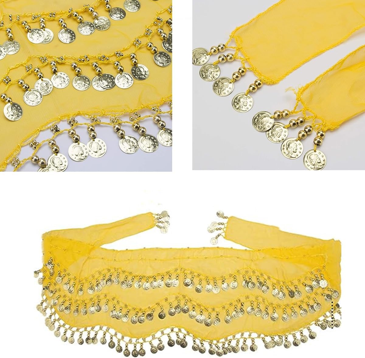 Belly Dance Hip Scarf, Belly Dance Skirt Hip Skirt, Hip Scarf Belt Scarves with Dangling Gold Coins for Performance Costume(Yellow) - Image 5