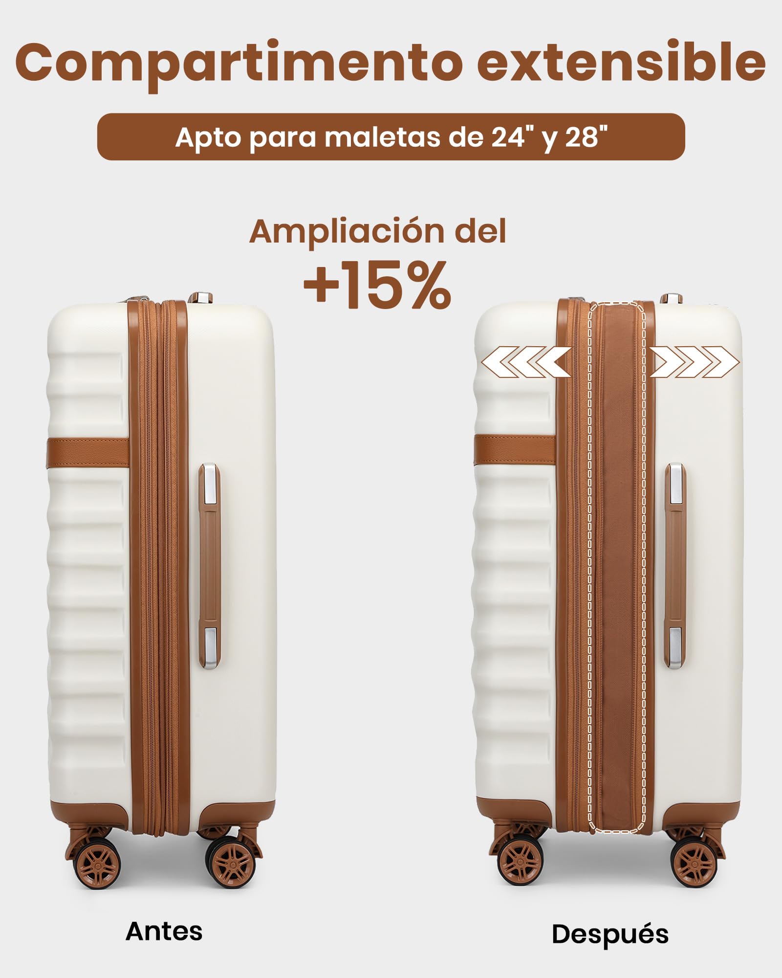 Kono Juego de Maletas con Expansión (Solo 24" y 28"), con Ruedas TPE y Cerradura TSA, más Bolsa de Viaje con Correa Ajustable y Hebilla para Carro, y Neceser, Ideal para Viajes Familiares (Crema)