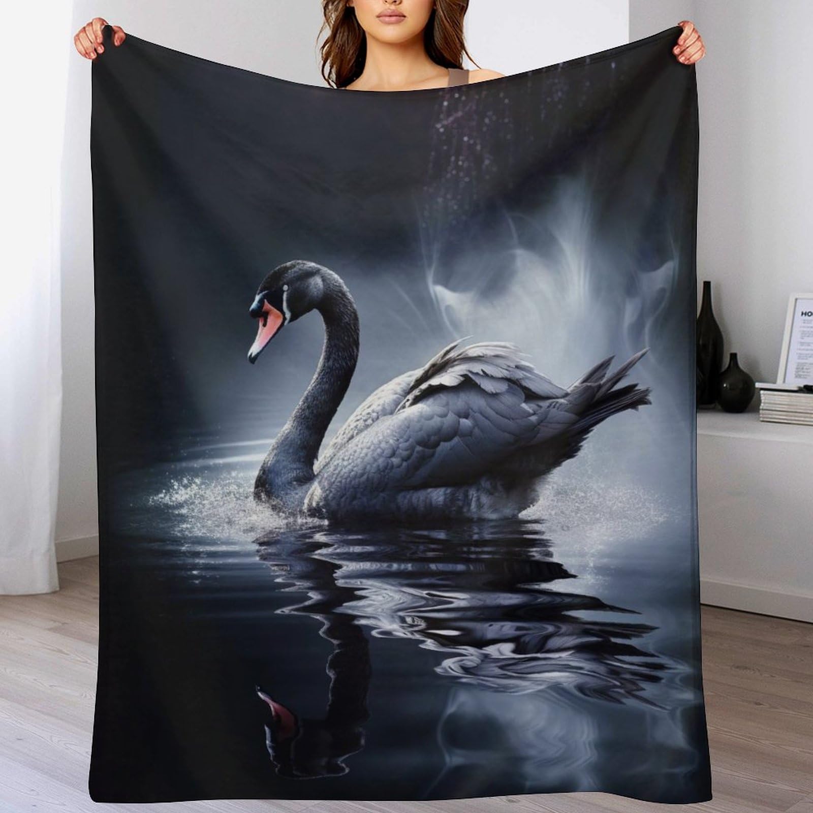 Couverture polaire cygne en flanelle douce 140x180 cm pour lit