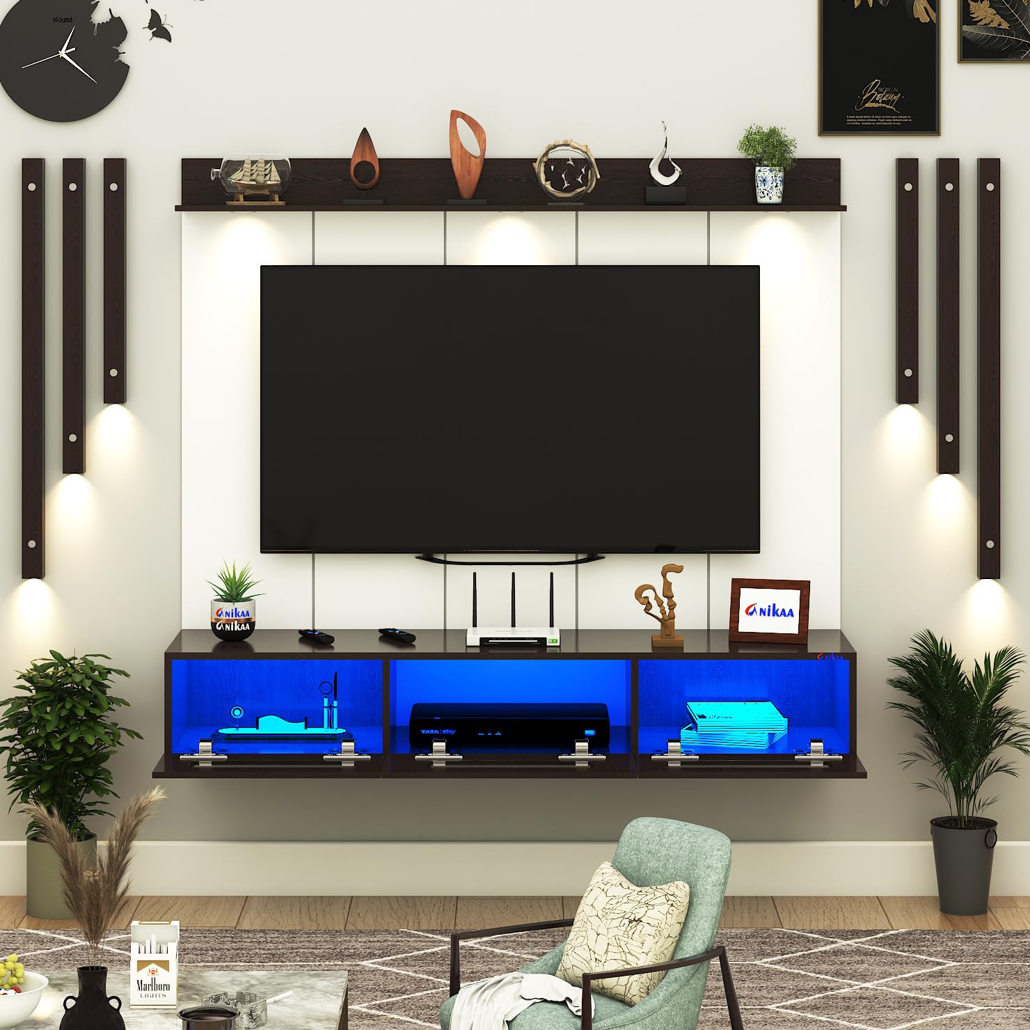 Anikaa RayzaPro Engineered Wood Wall Mount TV Unit with PVC Back Panel, Acrylic Blue LED Storage Box, Side Wooden Accent Spot Light Panels I Deal for Up to 50 Inch TV (Wenge - DIY Installation)