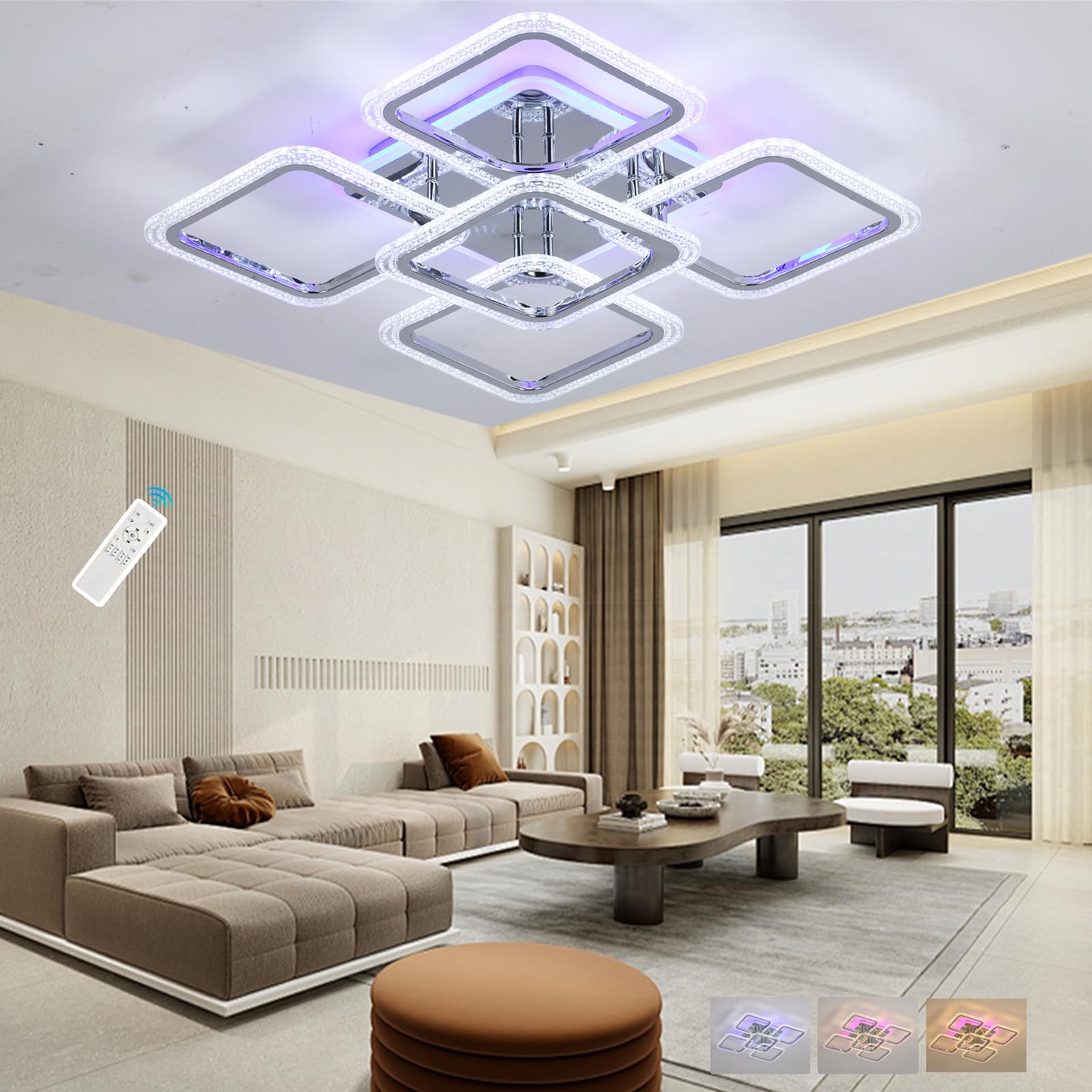 ZAITINZ Modern LED Ceiling Lights,80W Flush Mount Ceiling Light with Remote,5 Squares Dimmable Brightness, Adjustable 3000-6000K Color Temperature for