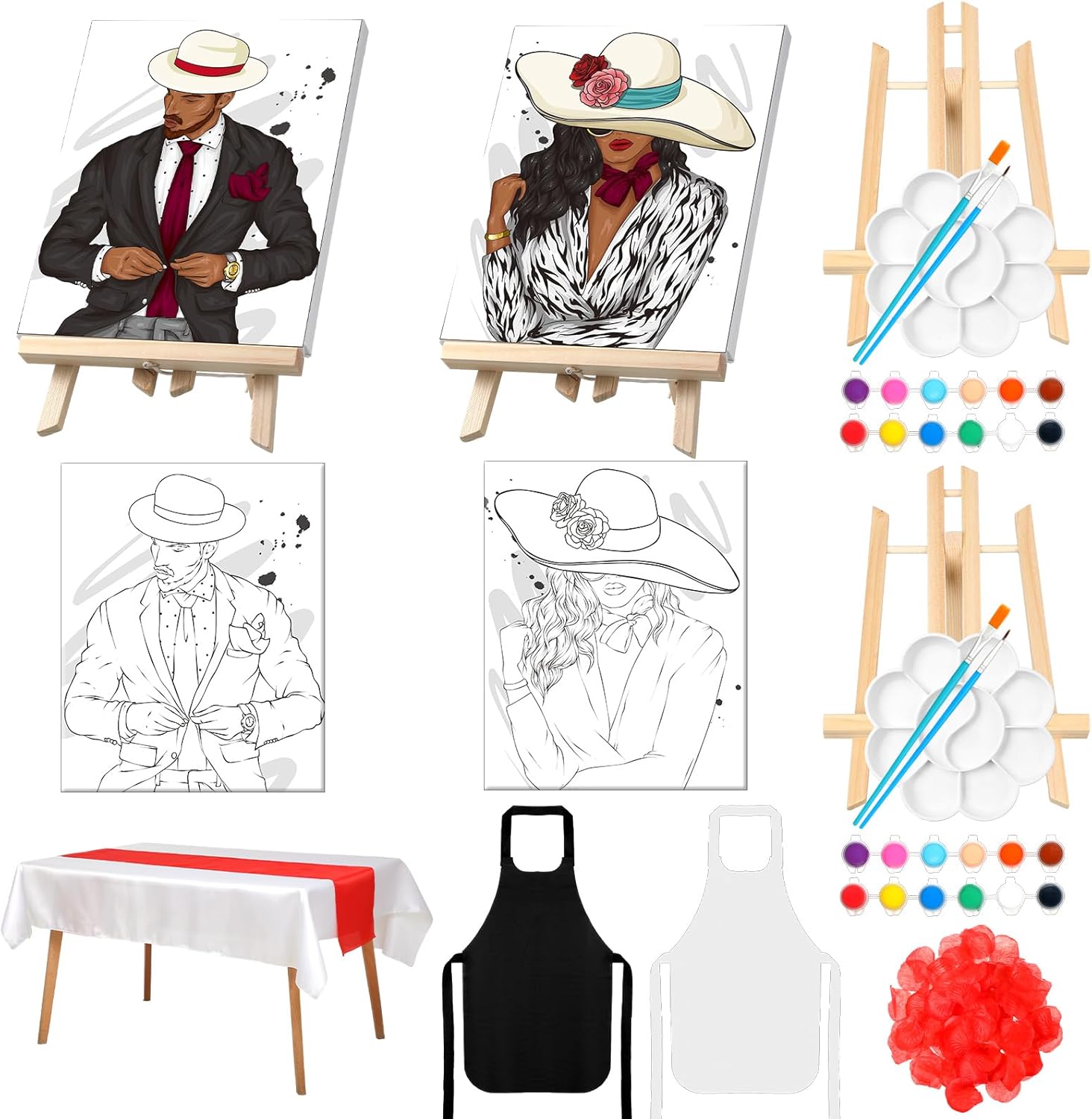 Zhanmai 112 Pcs Sip and Paint Kit for Adults Couples Painting Kit Date Night Pre Drawn Canvas to Paint at Home Party Supplies Stretched Canvas Couple Romantic Activity(Couple 2,8 x 10 Inch)