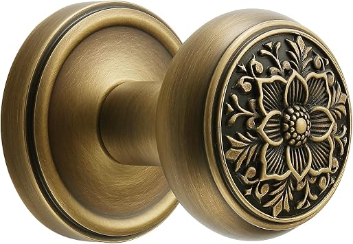 Solid Brass Passage Door Knob, Antique Brass, 2-3/8" Backset | Intricate Floral Design, Non-Locking Handle for Hallway and Closet
