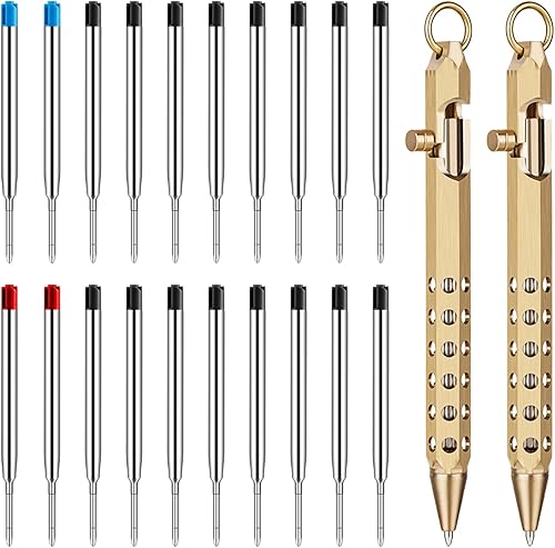 Origin-Joy Juego de 2 Bolígrafos de Acción de Cerrojo, Bolígrafo Táctico EDC de Bolsillo de Latón Macizo de Seis Cantos con 20 Repuestos de Punta de