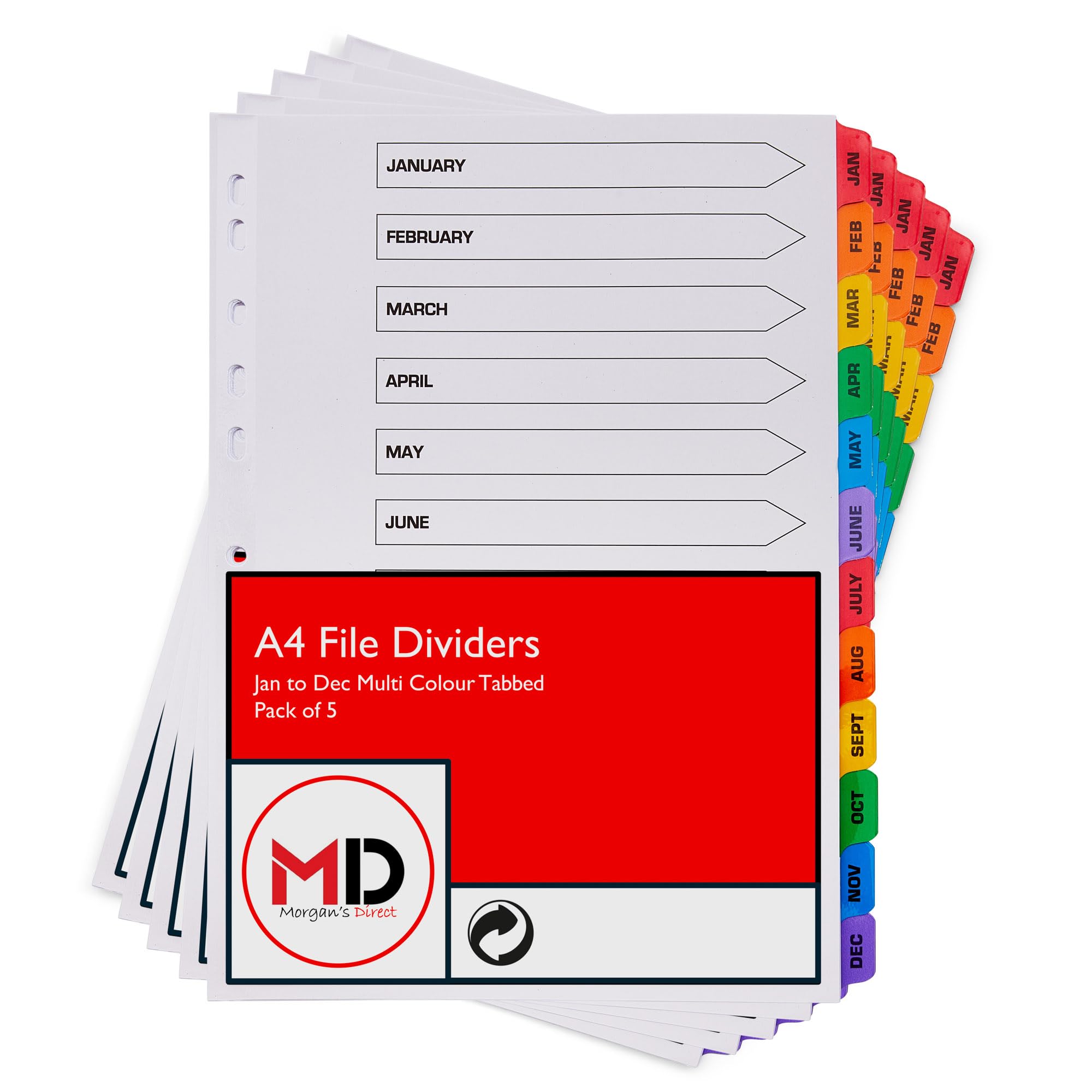 A4 Jan-Dec File Dividers with Coloured Monthly Index Tabs - Multi Hole Punched and Reinforced Subject Divider - Pack of 5 โ image 1