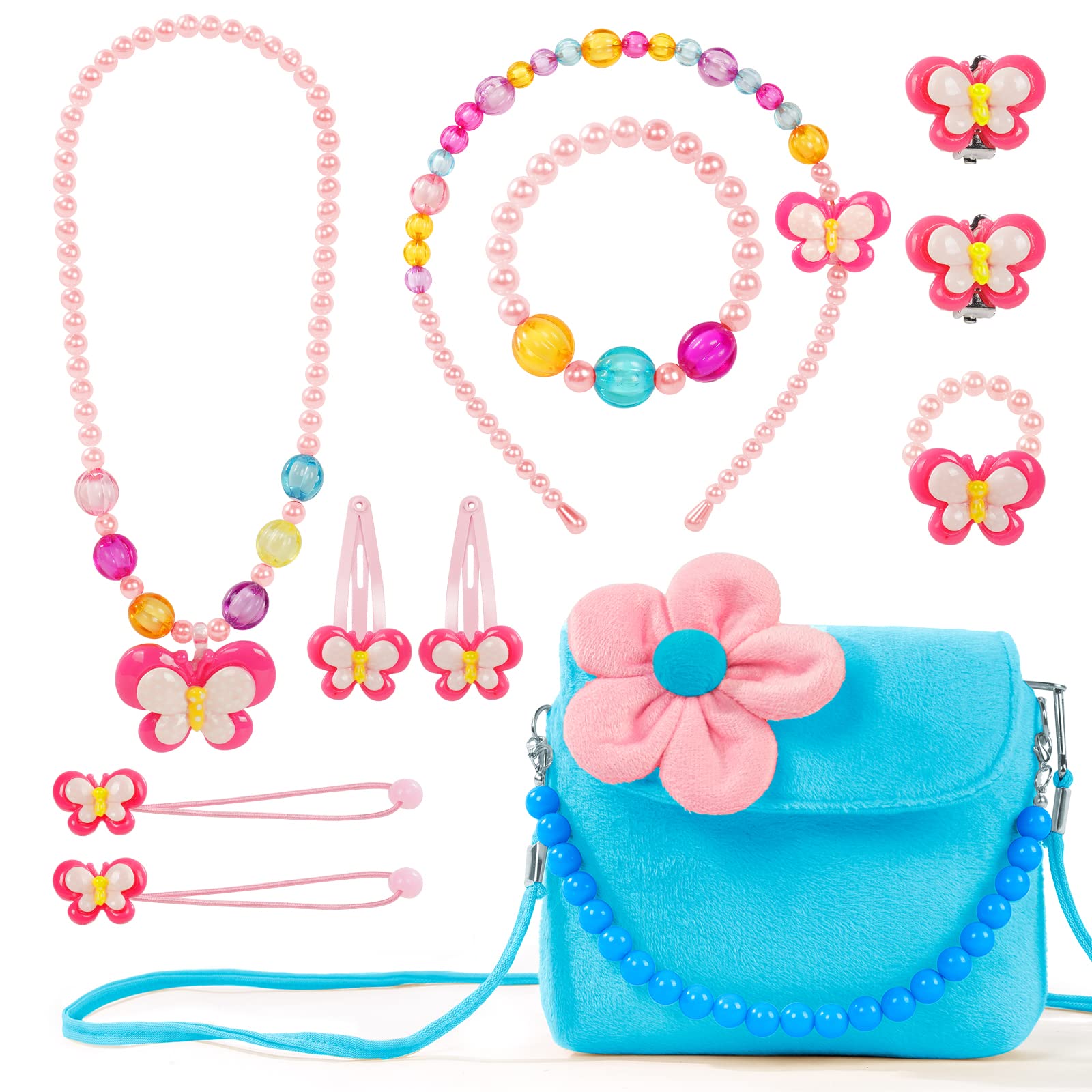 OSDUE Kleine Mädchen Plüsch Handtaschen, Schmuckset für Mädchen, Kette Halskette Armband Ring Schmuckset, Süße Plüsch Handtasche für Party Geschenk(Blau)
