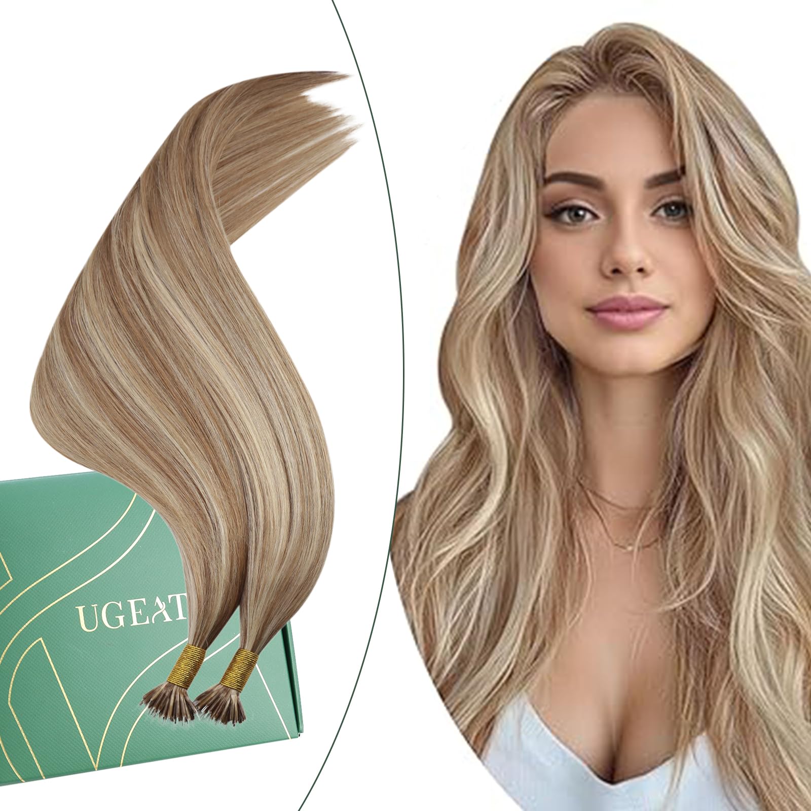Ugeat Extensions Echthaar Nanoring Goldbraun Highlights 55 cm Extensions Echthaar Nano Highlights Blond Nano Bondings Platinblond 50g 50Strähnen P10/613
