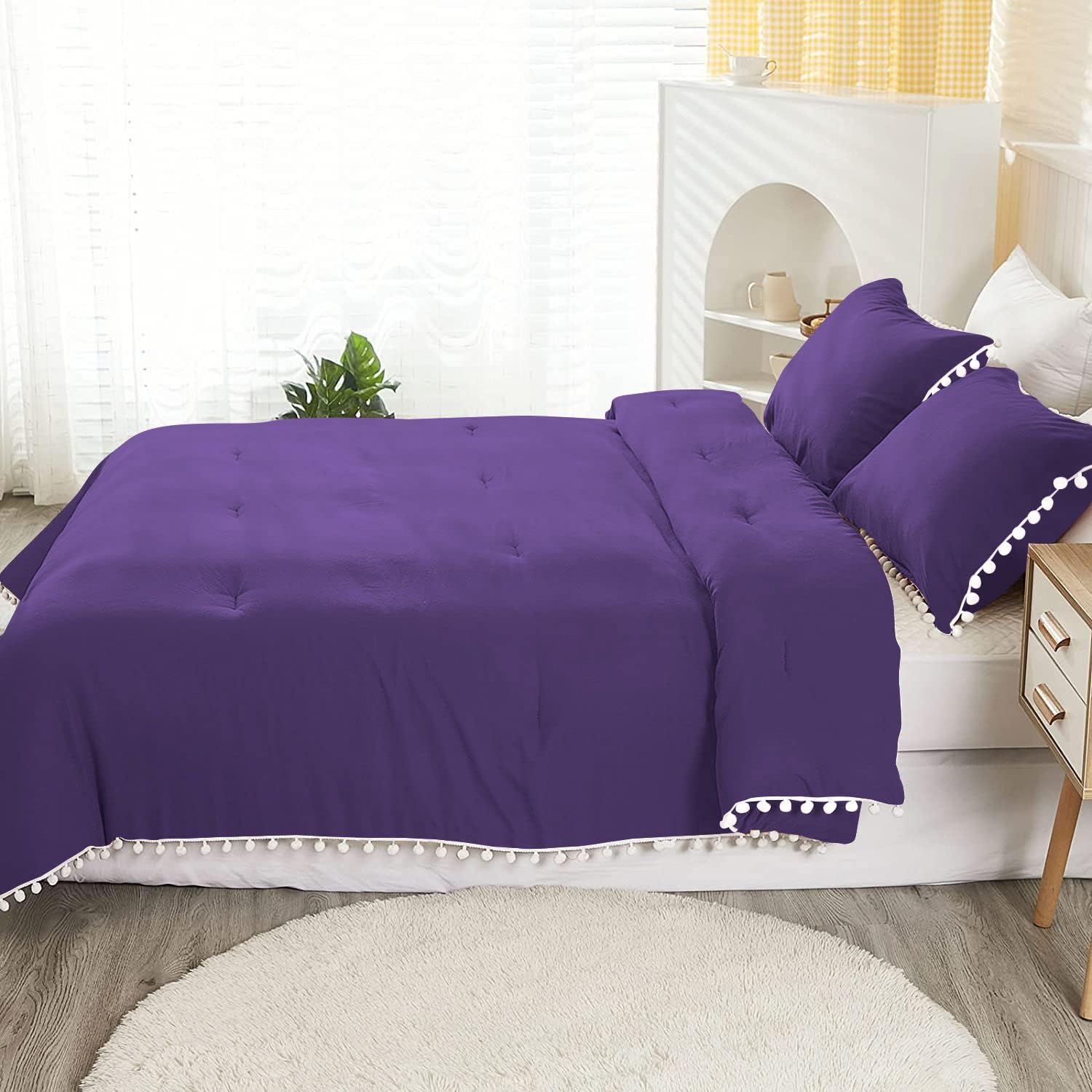 Tony's Textiles 1 Piece White Vintage Pom-Pom Fringe Plain Pattern Comforter Set, 100% Egyptian Cotton with 1000 Thread Count (King/California King Size - Purple Color)