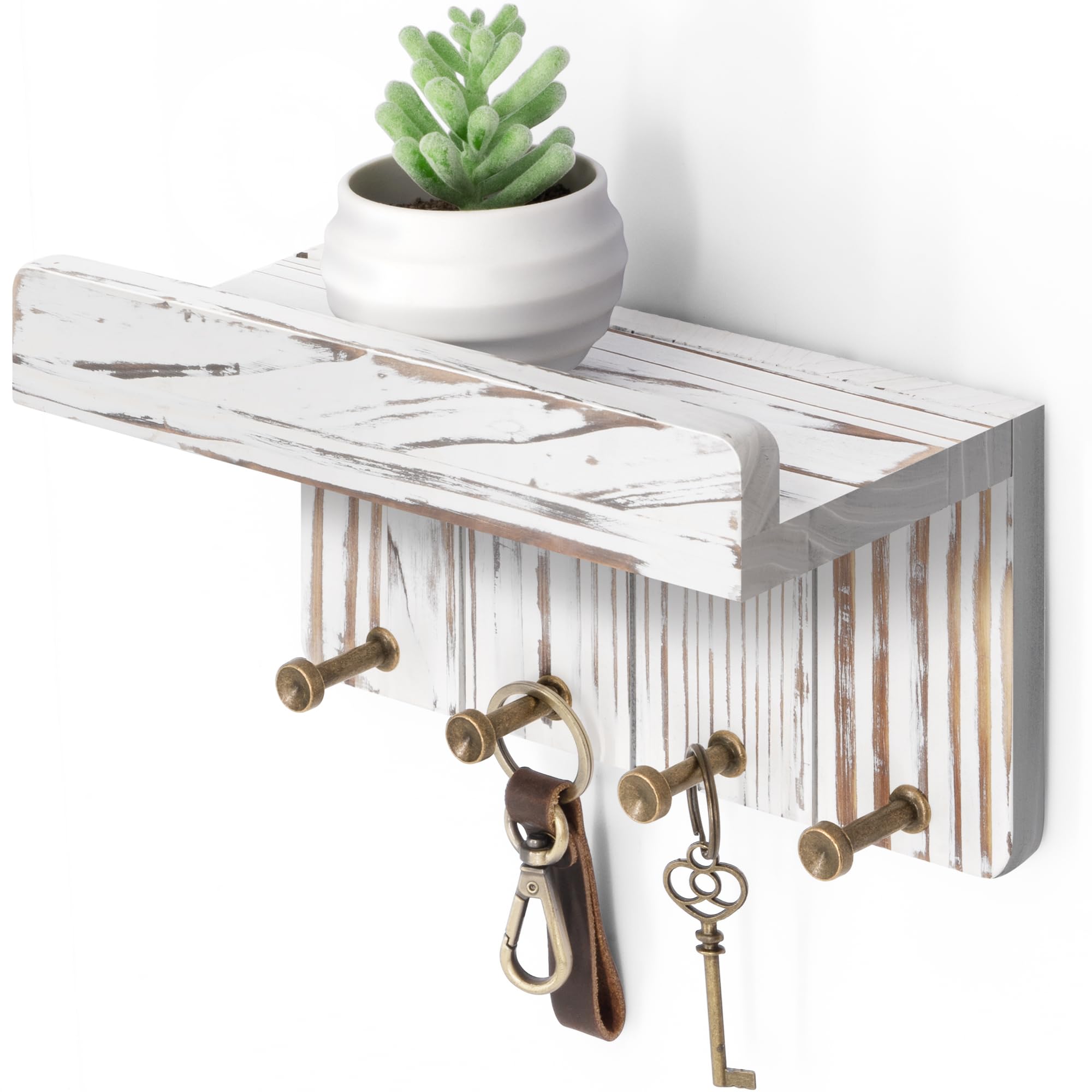 Rebee Vision Key Holder Wall Mount with 4 Hooks for Room Decor, Whitewash