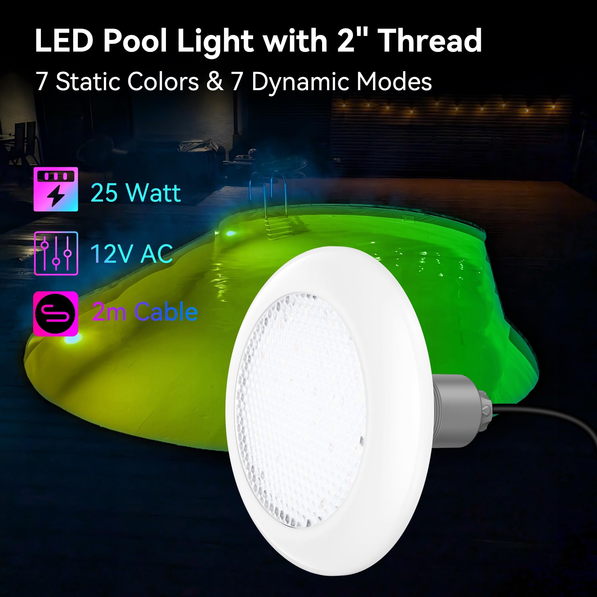 LyLmLe Projecteur Piscine LED Vissable avec Filetage 2", 25W Lampe Piscine RGB Contrôle Sync, Ø242mm, 12V AC Ampoule pour Piscines Préfabriquées Fibre, Hors-Sol Bois Acier, Sans Contrôleur