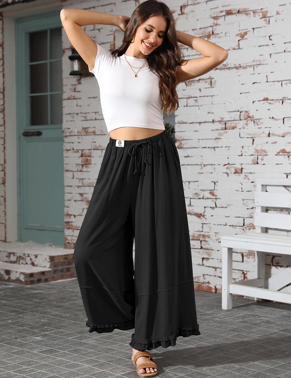 TARSE Womens Linen Palazzo Pants Ruffle Wide Leg Cropped Flowy Drawstring Casual Loose Summer Beach with Pockets - Image 2