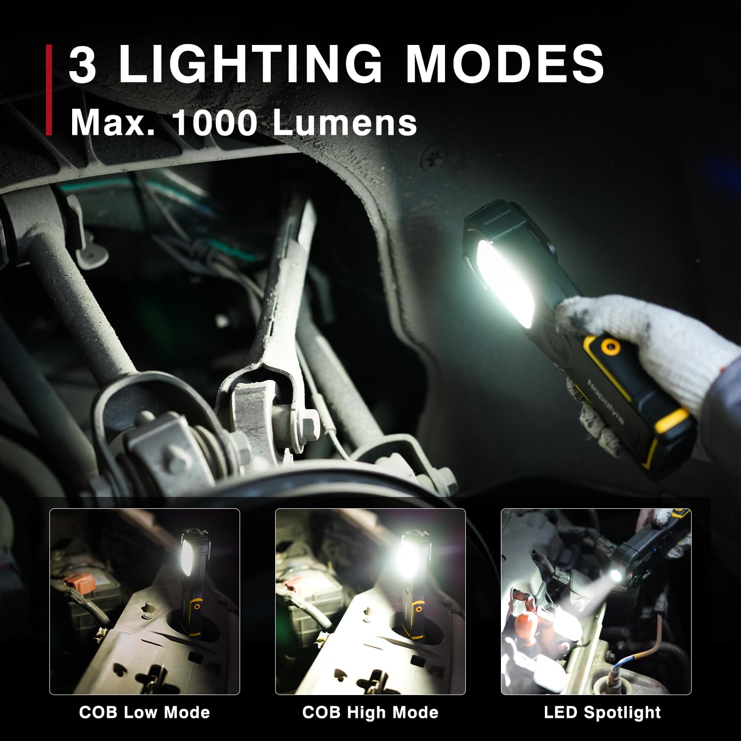 Lampada da Lavoro, 3 Modalit 1000 Lumen Lampada da Officina con Base Magnetica e Power Bank, Supporto Girevole a 180°, 5400 mAh Portatile Torcia LED Ricaricabile per Auto/Campeggio/Home