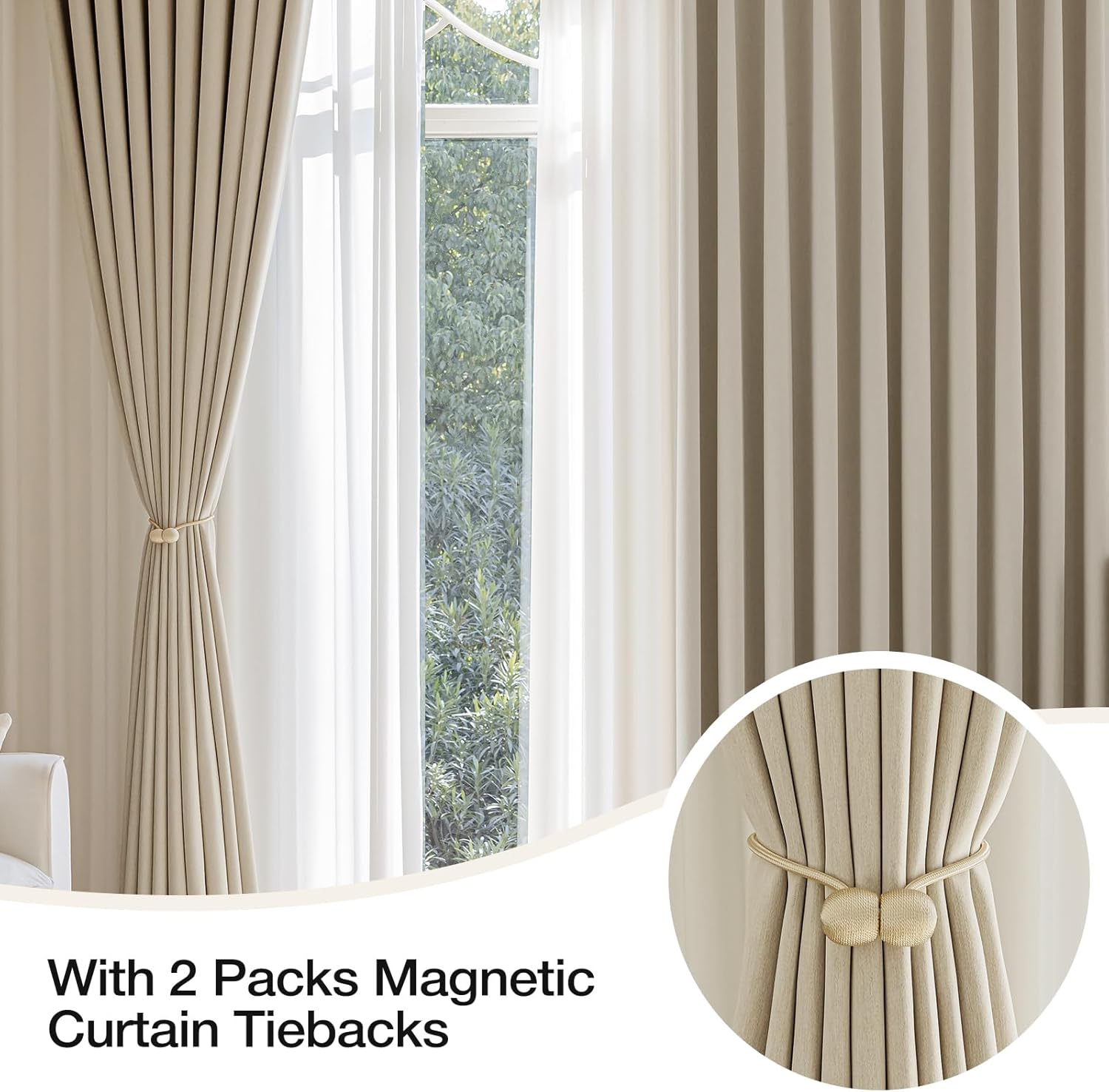 Anmao Thick Heavy Textured Blackout Curtains for Living Room 72 Inch Length 2 Panels Set, Grommet Room Darkening Thermal Insulated Window Curtain Drapes for Bedroom with Tiebacks, (W52xL72, Beige)
