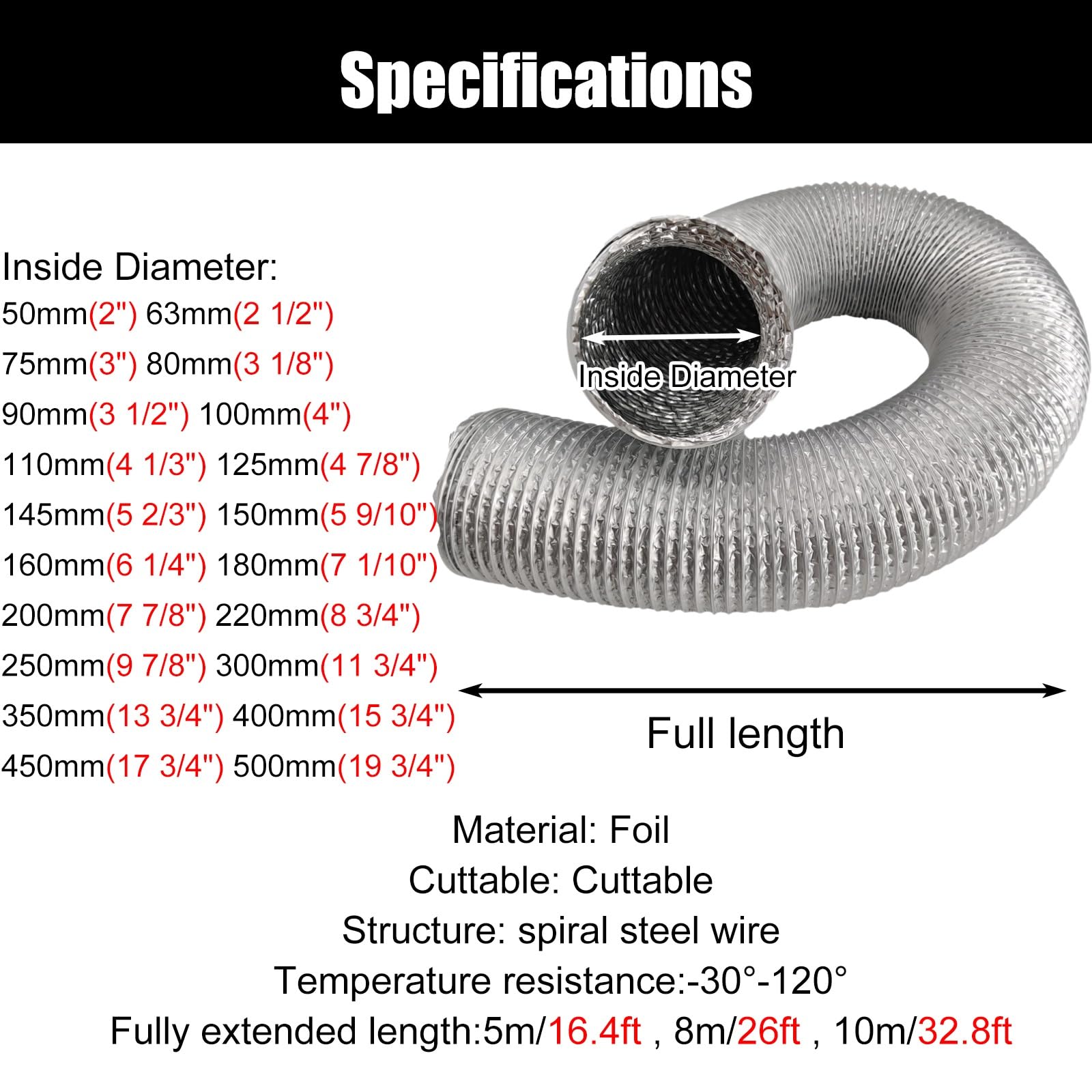Tubo flexible de ventilación flexible de 32 pies para equipos AV, habitaciones, armarios y ático, manguera de conducto portátil con abrazaderas, 17 3/4 pulgadas de diámetro