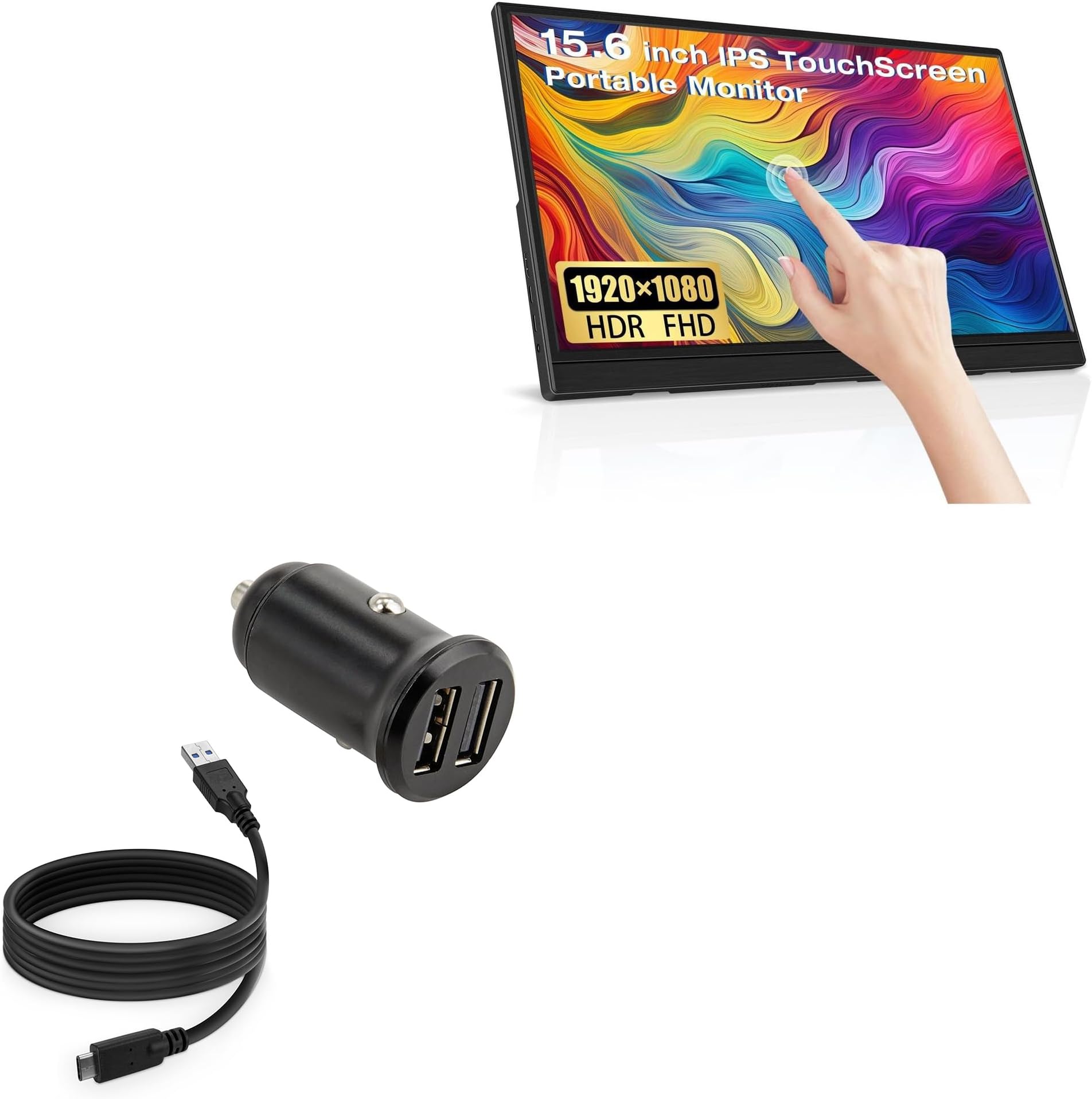 BoxWave Car Charger Compatible with Lrtzcbi Portable Monitor Touchscreen (15.6 in) - Minimus Car Charger with DirectSync Cable (4W), Tiny Small Minimal Compact Dual Car Charger - Jet Black