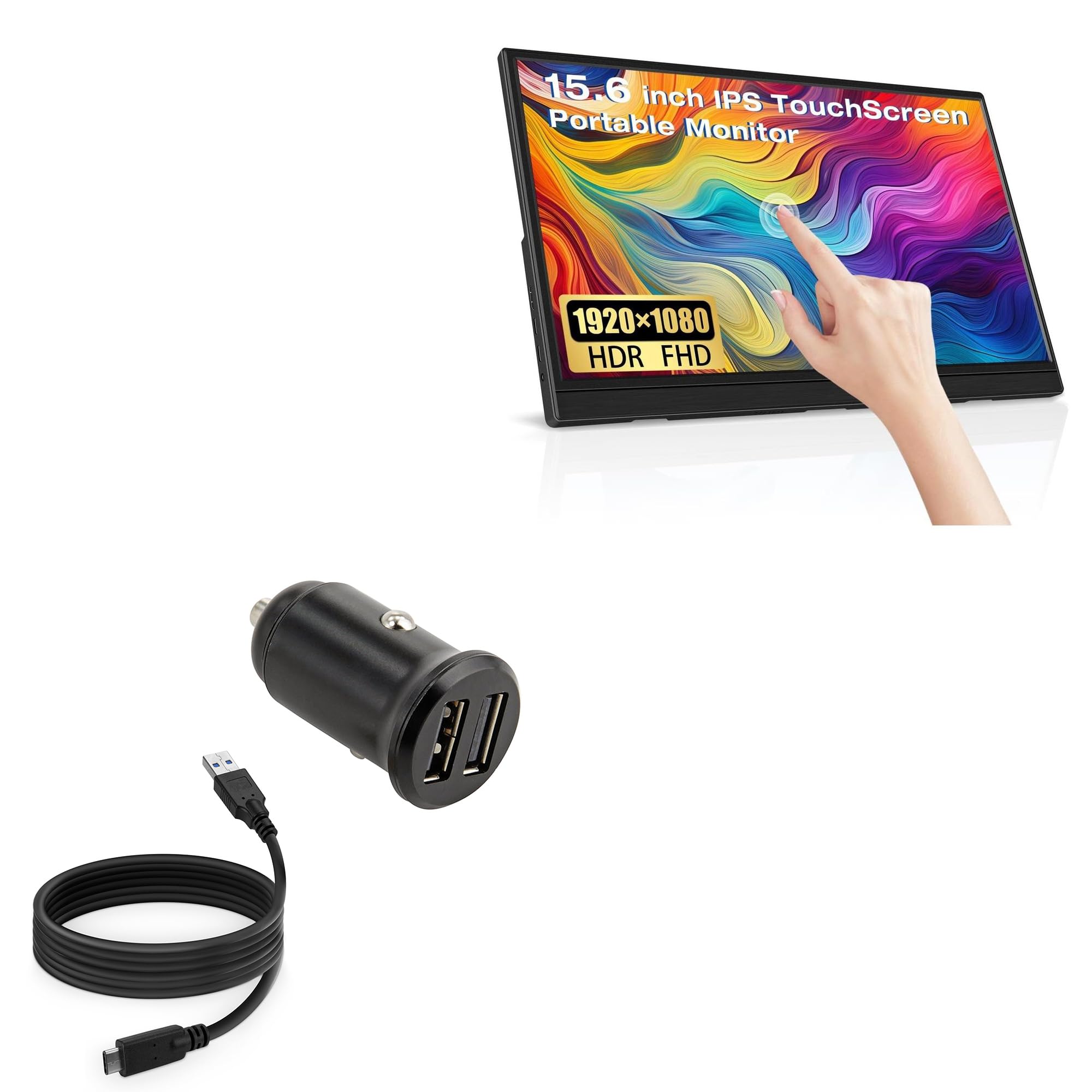 BoxWave Car Charger Compatible with Lrtzcbi Portable Monitor Touchscreen (15.6 in) - Minimus Car Charger with DirectSync Cable (4W), Tiny Small Minimal Compact Dual Car Charger - Jet Black