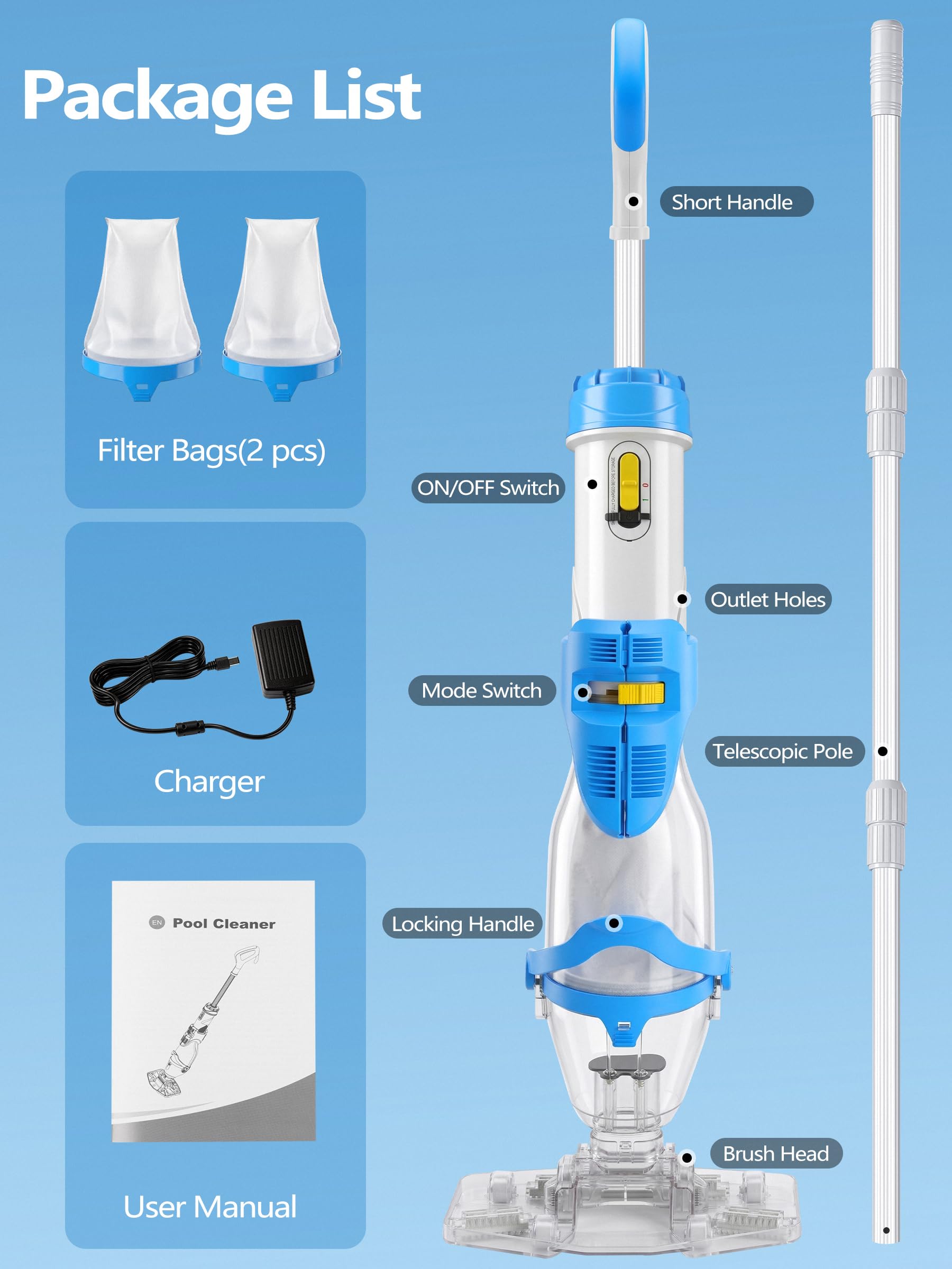 LanOcean Poolsauger Akku Handsauger, 2 Saugleistungsmodi Poolsauger Bodensauge Absaugung bis zu 4300L/H, Pool Staubsauger mit Teleskopstange, 70min Laufzeit Akku Pool Sauger Kabellos für Spas Pools