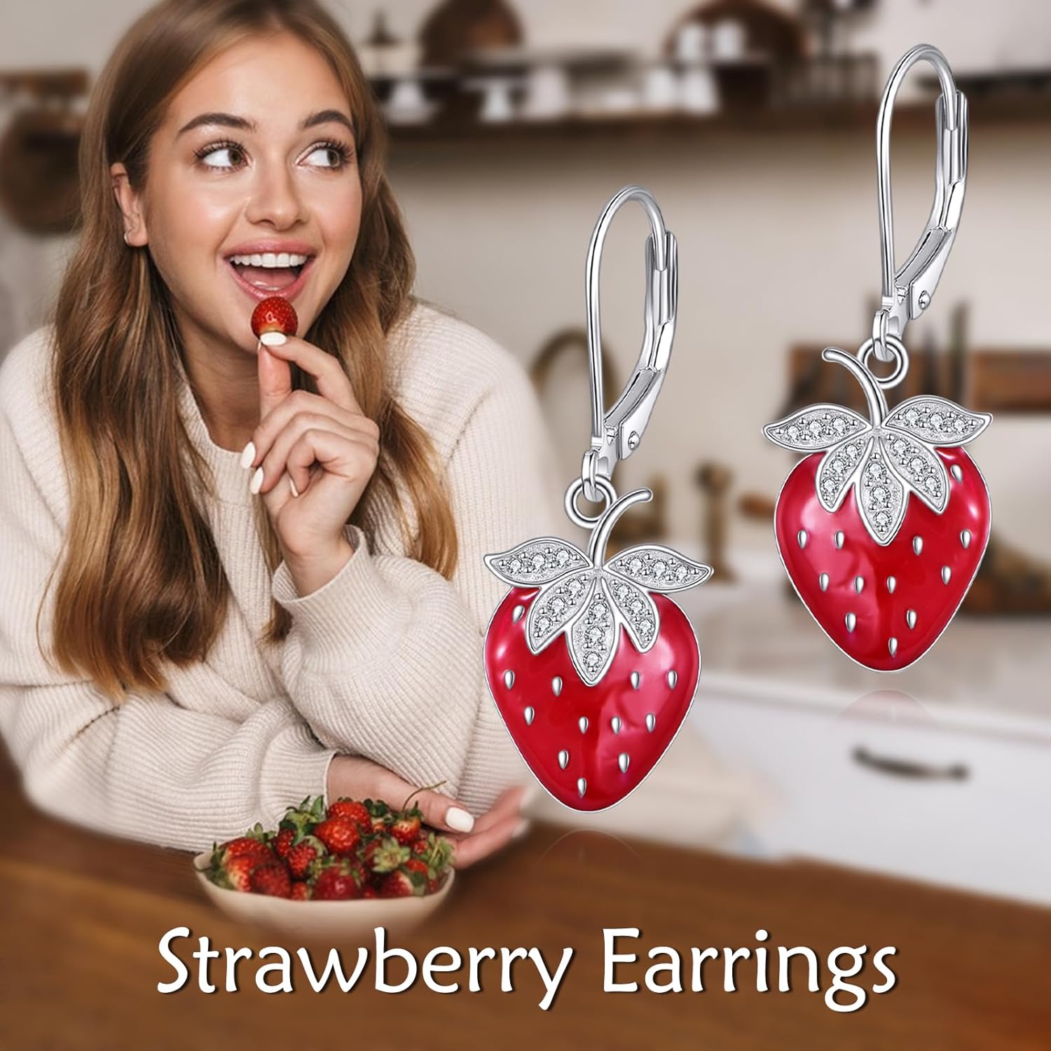URONE Strawberry/Watermelon/Apple/Avocado/Pineapple/Cherry Earrings 925 Sterling Silver Strawberry Dangle Earrings Fruit Jewelry Gifts for Women - Image 6