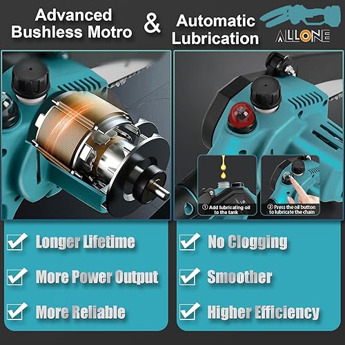 Miniatura 4 de Mini motosierra inalámbrica de 6 pulgadas con sistema de engrasado y pantalla digital, motosierra eléctrica de mano sin escobillas de 2.0 Ah de 800