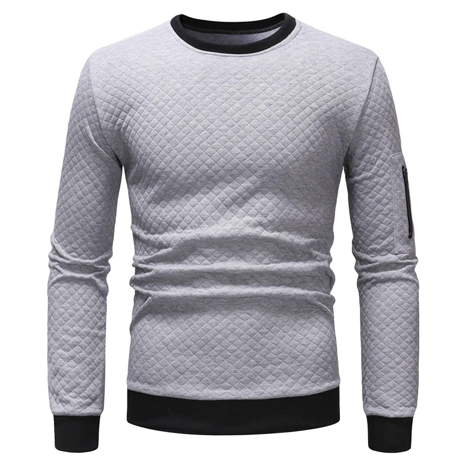 Mens Crew Neck Waffle Basic Pullover Sweaters Lightweight Casual Long Sleeve Hipster Shirt Slim Fit Color Block Top (Medium,Light Grey)